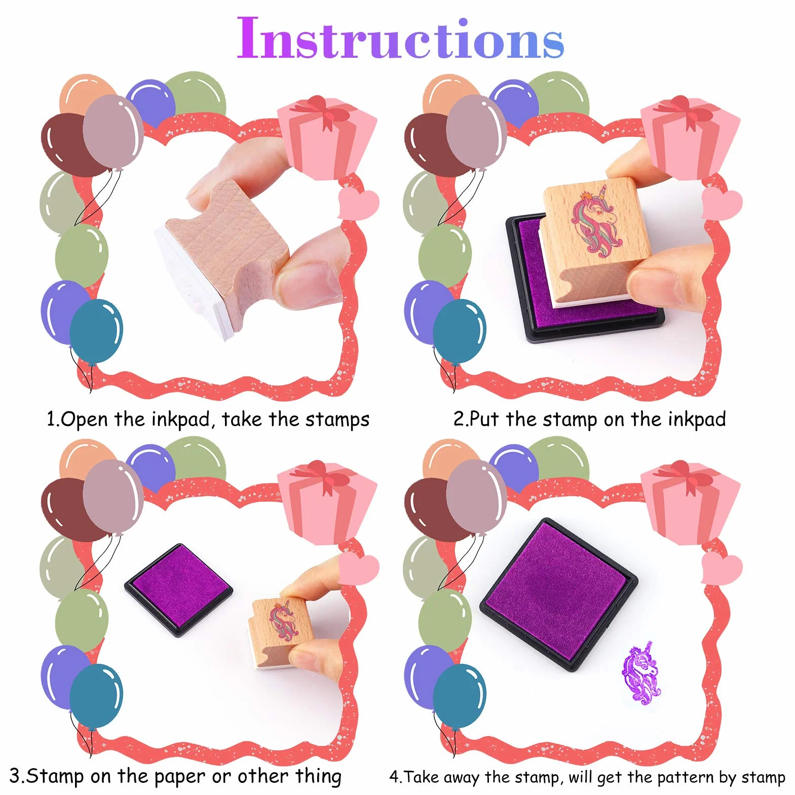 HOWAF 16 Madera Sellos para Niñas Niños Manualidades con Almohadilla de Tinta 4, Unicornio Sirena Princesa Corazón Arcoíris Mariposa Sellos para Niña Bricolaje Scrapbooking Tarjeta Impermeables Regalo