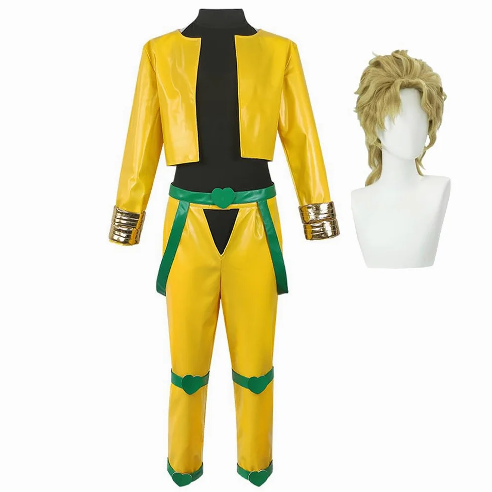 Dio Brando - Disfraz de cosplay de anime con máscara de piedra, traje de uniforme con peluca, conjunto completo de abrigo amarillo, pantalones para fiesta de Halloween