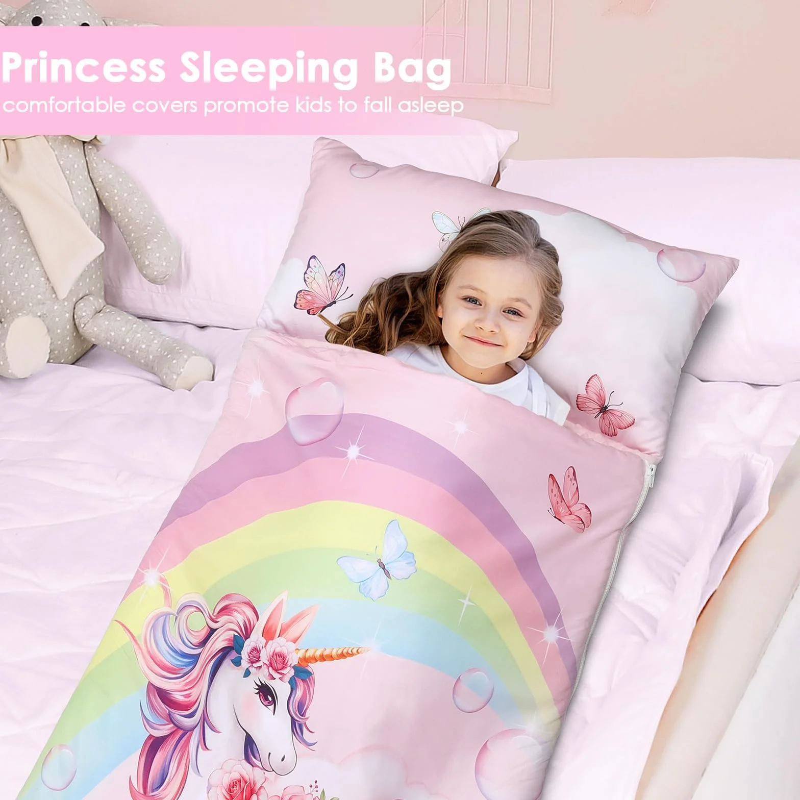Cálida Alfombrilla de Siesta para Niños Pequeños con Almohada Extraíble, Saco de Dormir Plegable para Niñas y Niños, Bolsa de Dormir con Cremallera para Camping Siesta, 150×60cm