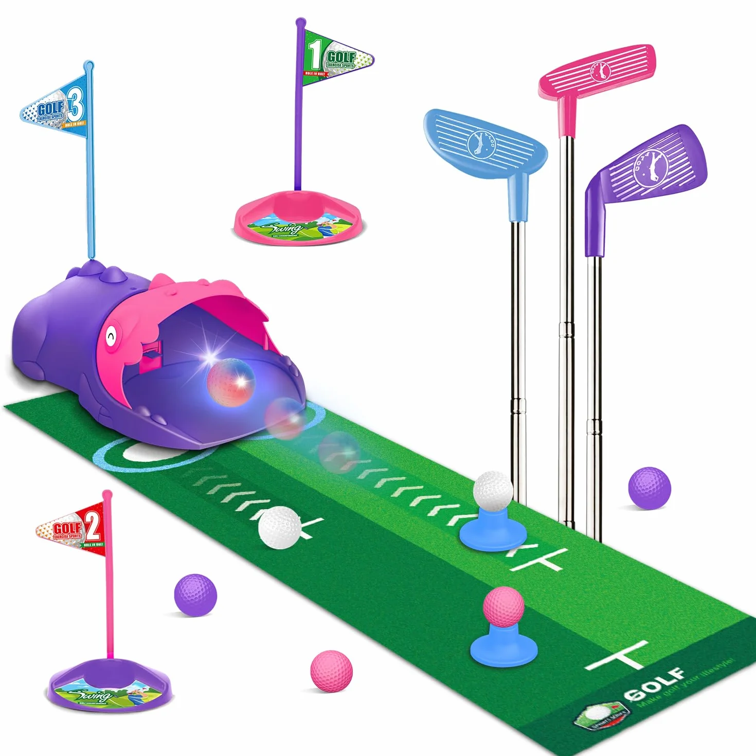 Set de Golf para Niños Devolvedor Automático de Bolas Dinosaurio, Pelotas de Golf Luminosas con LED, 3 Palos, Juegos de Golf para Niñas de 3 a 8 Años, Juguetes Deportivos Interior Exterior (Rosa)