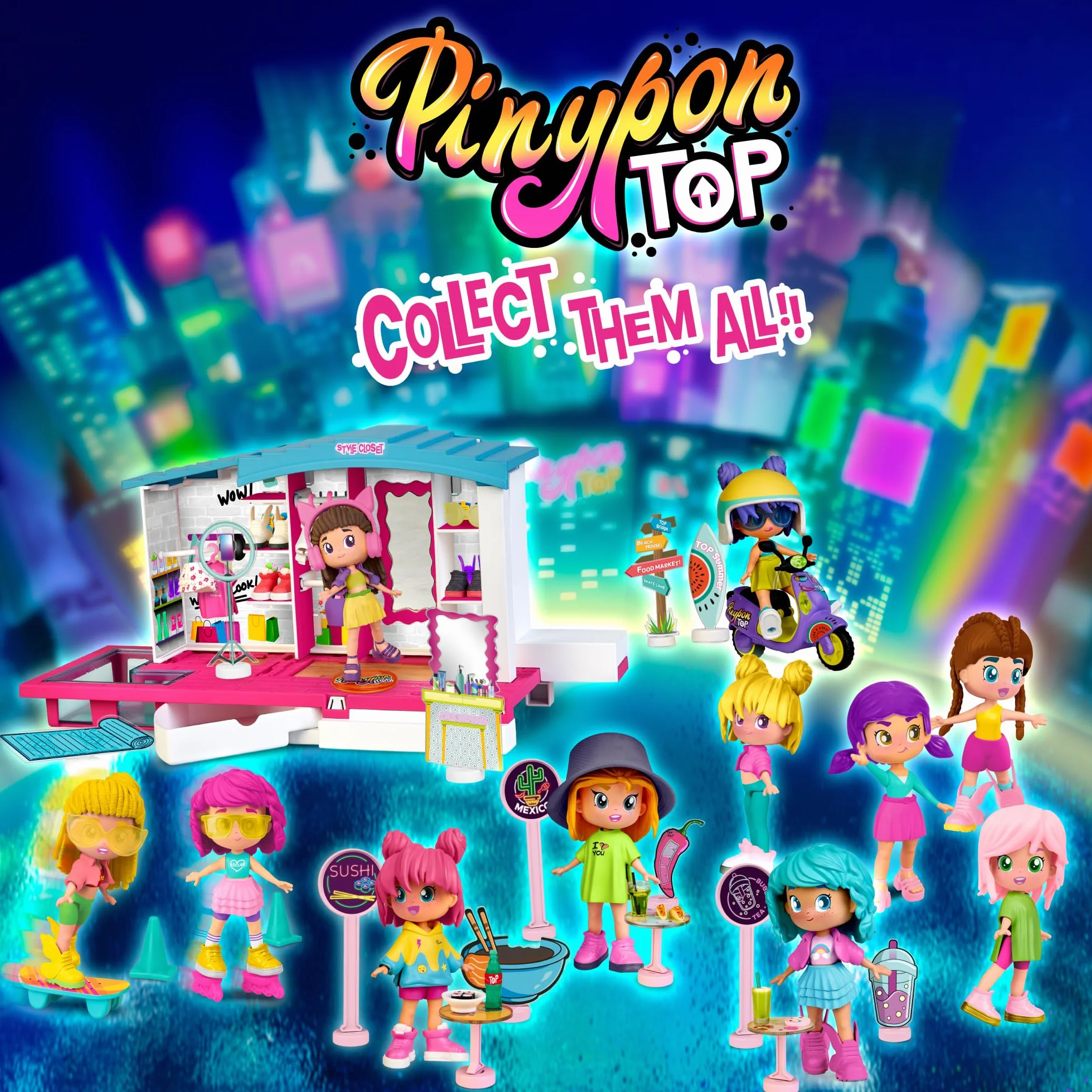 Pinypon TOP Girls Brunette, Chica TOP Morena con Outfit de Street Style, Figura de 11 cm Articulada de Brazos y Piernas, Doble Cara y Ropa y Zapatos Intercambiables, +4 años, Famosa (PNN00200)