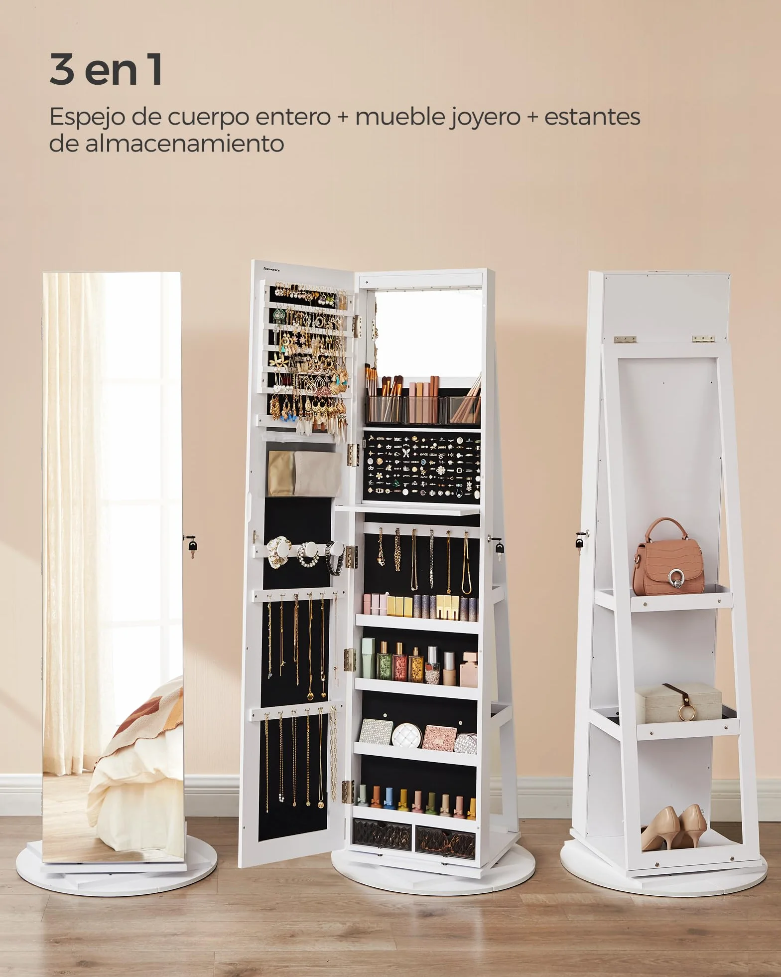SONGMICS Espejo Joyero con 6 LEDs, Armario de Joyas de Giro de 360°, Organizador de Joyas Giratorio, sin Marco, Espejo Completo con Almacenaje, Superficie Blanco y Forro Negro JJC007W01