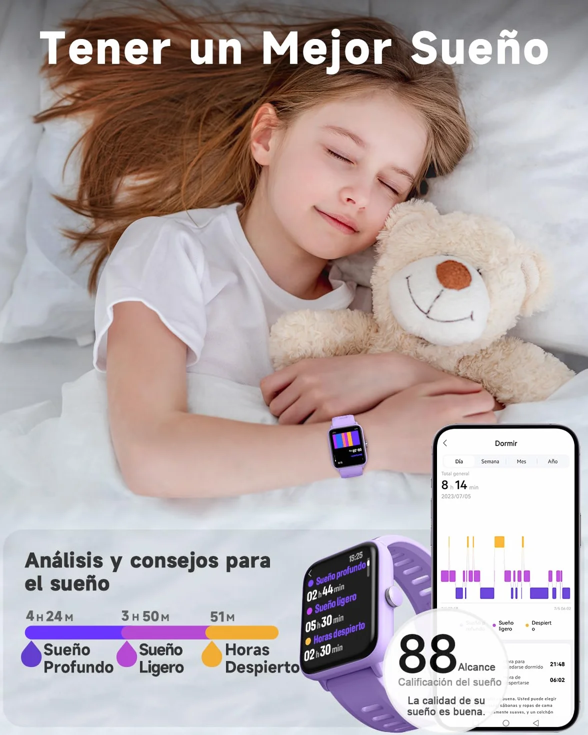 BIGGERFIVE Pulsera Actividad Niñas 3-14 años Reloj Inteligente Podómetro Frecuencia Cardíaca Resistente al Agua 5ATM Monitor Sueño Despertador Juegos Rompecabezas
