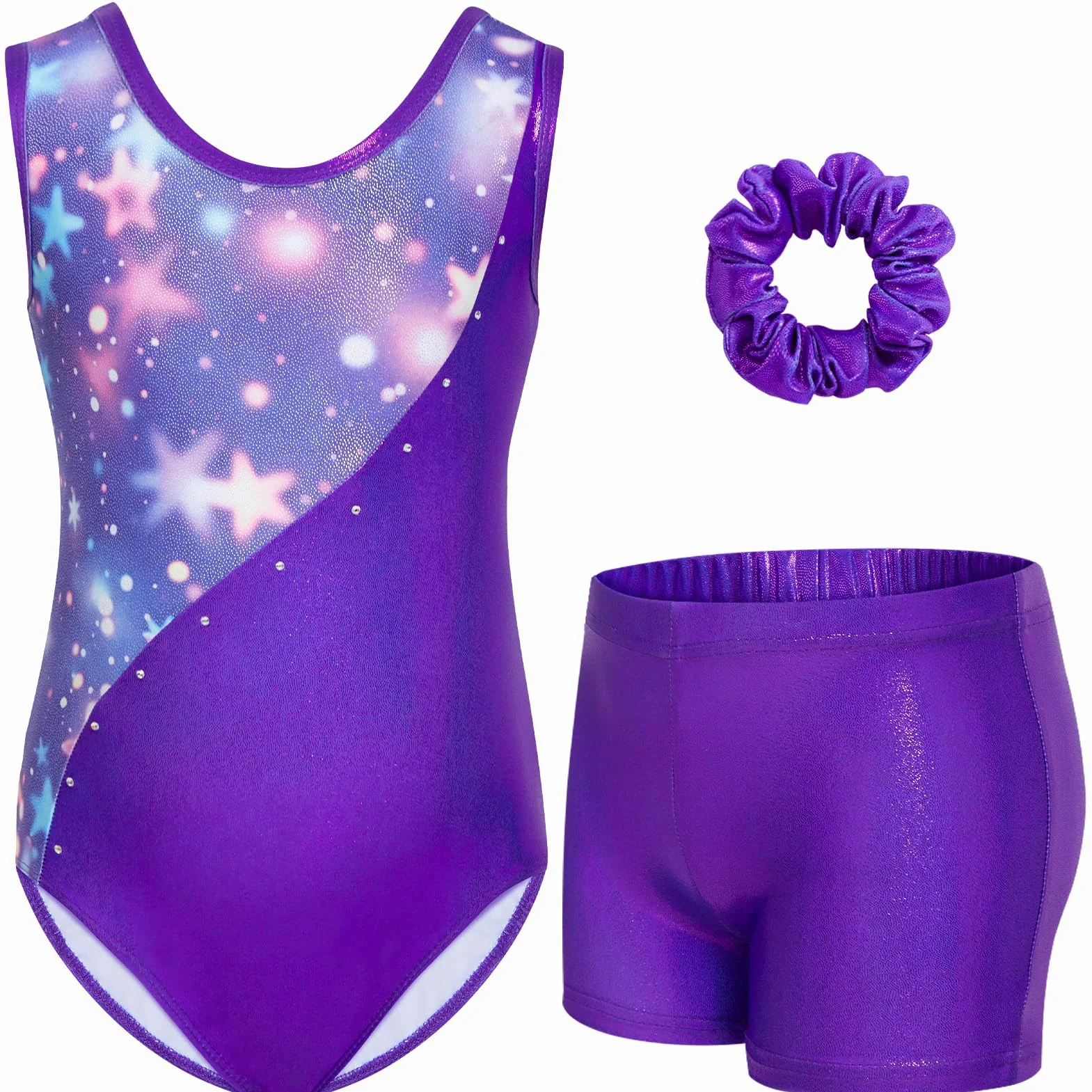 Gogokids Conjunto gimnasia niña 3 piezas cuello Y sin mangas pantalones cortos diadema bloques color azul morado 3-12 años