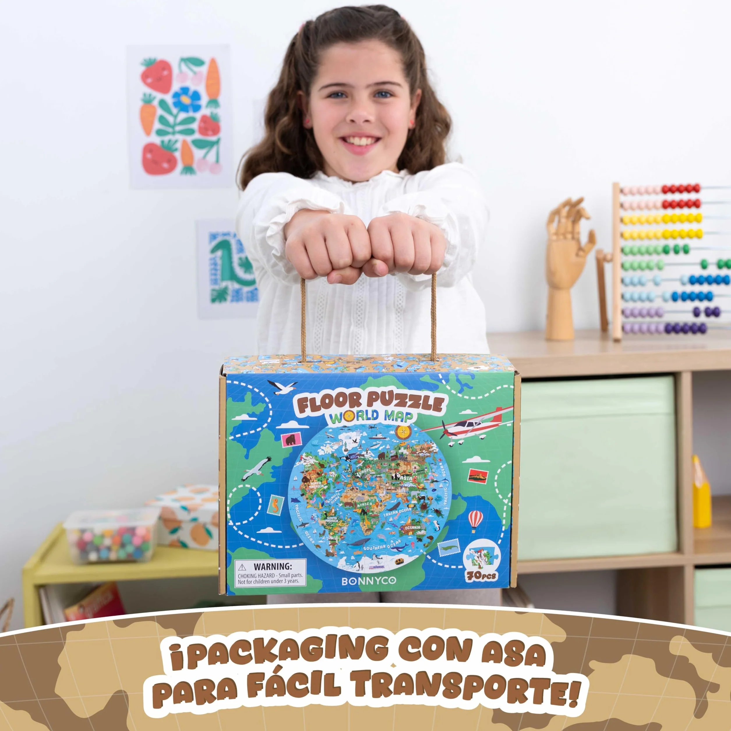 BONNYCO Puzzle XXL Mapa Mundi Niños con 70 Piezas Grandes. Rompecabezas Redondo con Animales, 58 x 58 cm, 15 Tarjetas, 4 Figuras y Guía. Juegos Educativos, Regalos, Juguetes Niños 4 Años