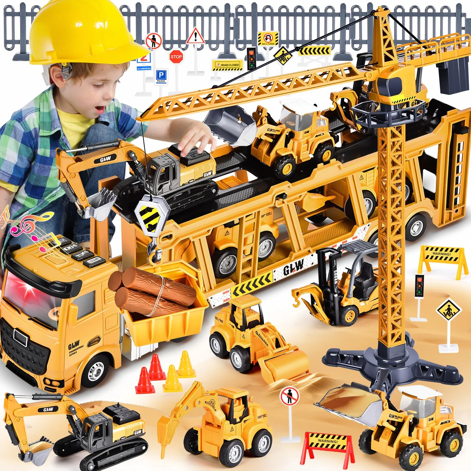 Herefun Vehículos Construcción Grandes, Camión y Grúa Con Sonido, Juguete Transportador Para Niños 3,4+