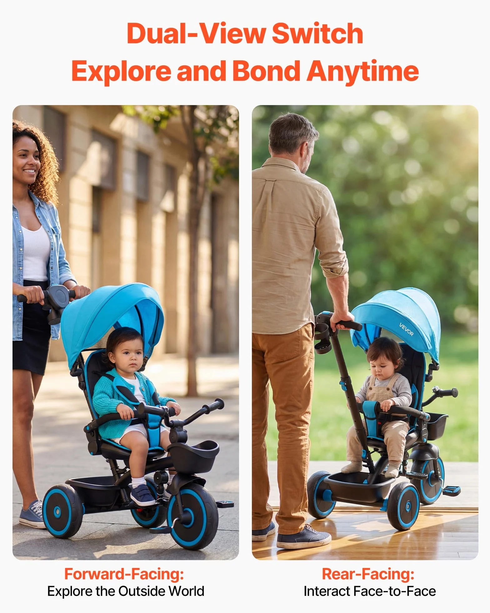 VEVOR Triciclos para Niños de 1 a 5 Años, Triciclo Infantil con Manillar de Empuje para Padres, Capota, Asiento Ajustable, Espacio de Almacenamiento, Cuadro de Acero al Carbono, Azul y Negro