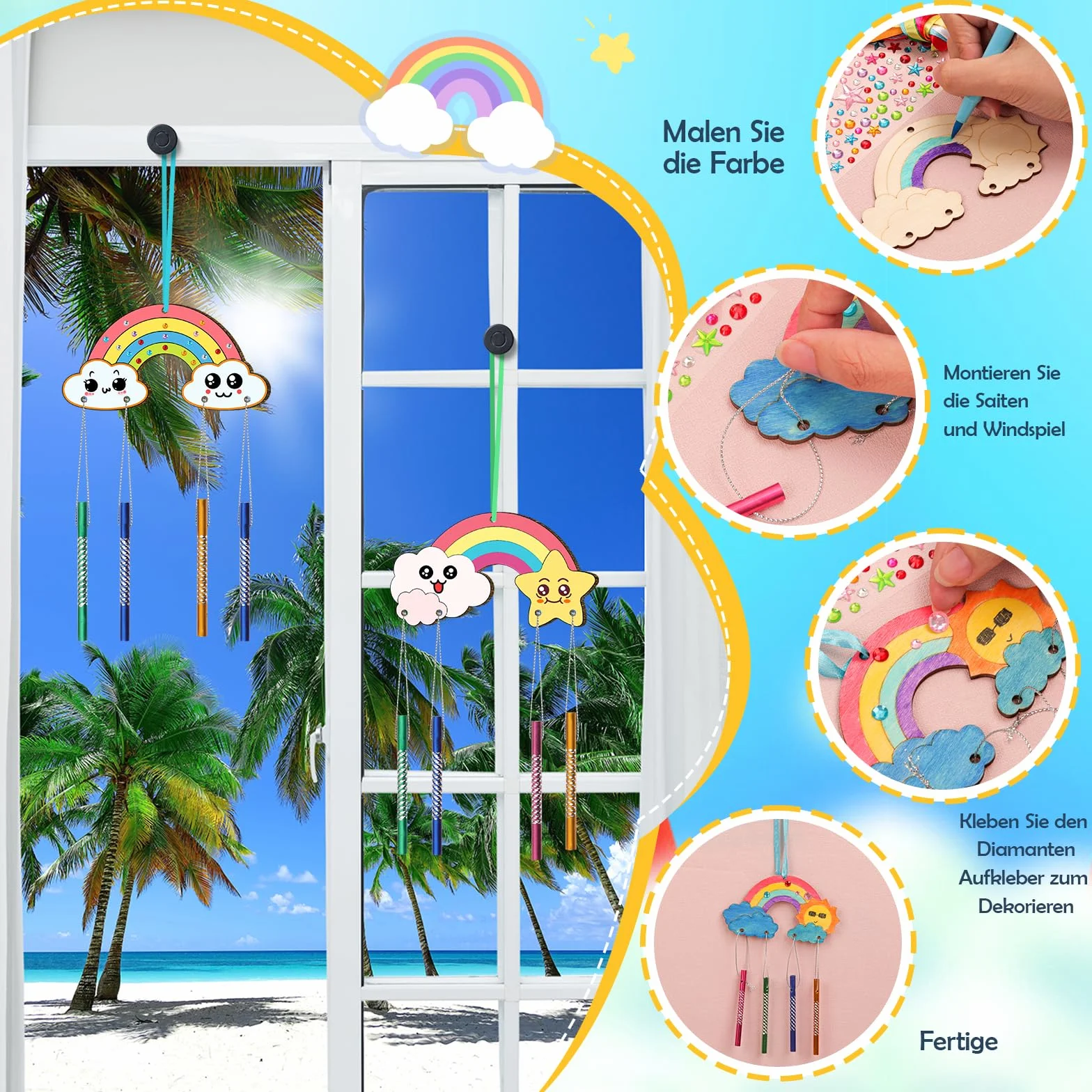 Nourdom Kit de 12 campanillas de viento para niños, haz tu propia campanilla de viento Rainow para colorear estrella, luna, sol, hacer un timbre de viento, kits de madera para artes y manualidades