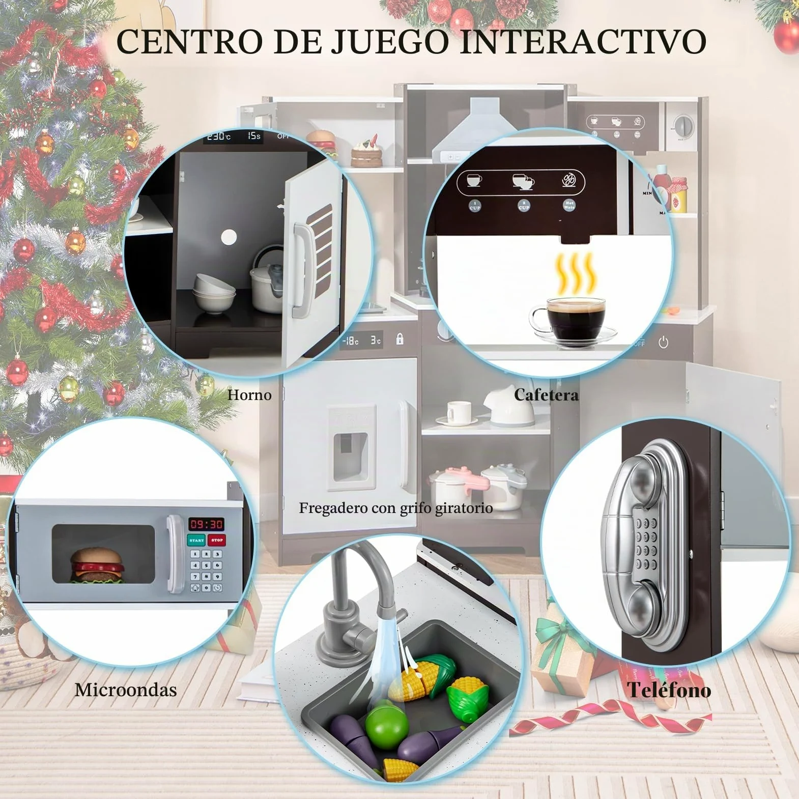 HOMASIS Juego de Cocina para niños, Cocina Infantil con Sonidos y Luces simuladas, teléfono, microondas, cafetera, heladera y Horno, Cocina de Juguete para niños de 3+ años, 110x43x92cm (Marrón)