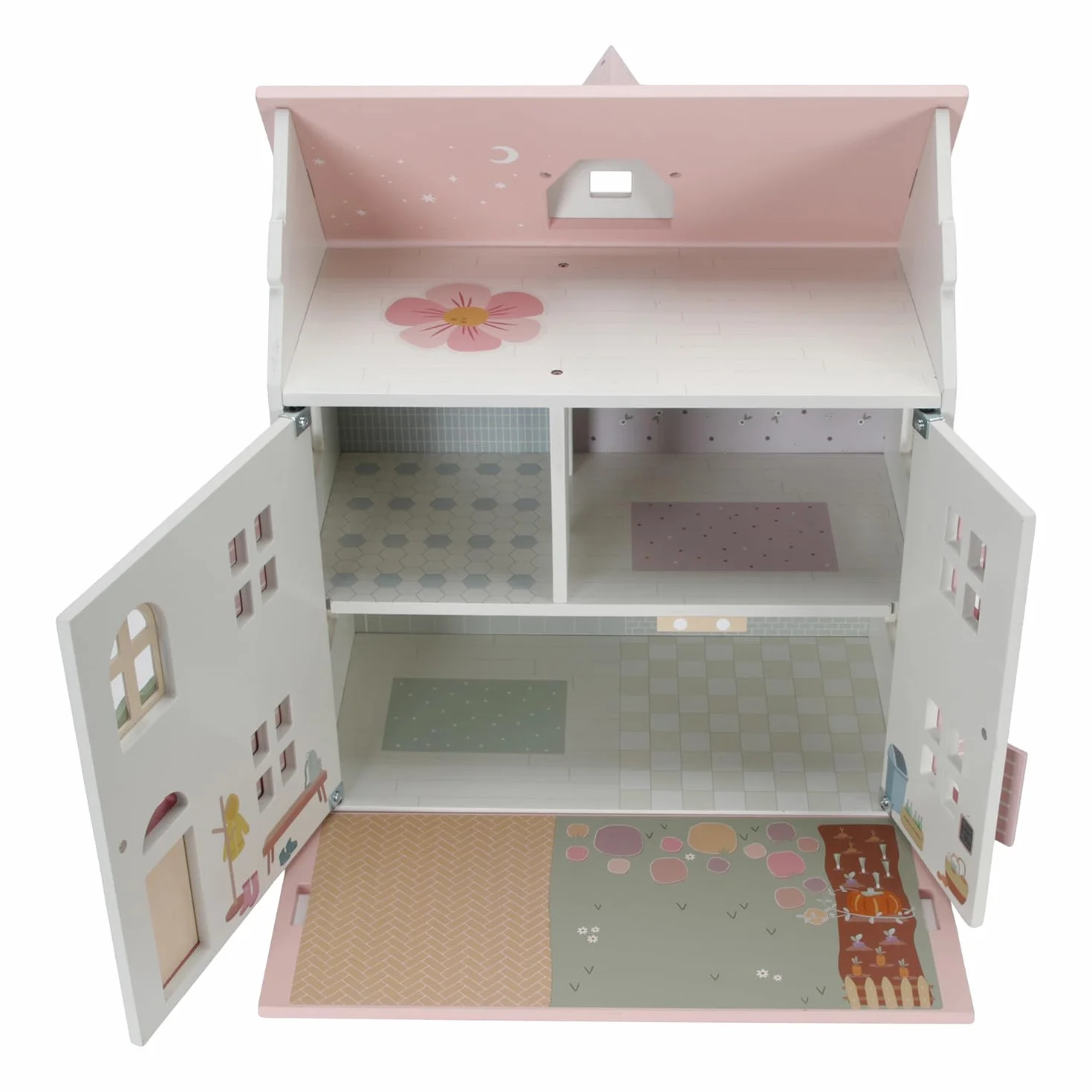 Little Dutch Casa de muñecas grande de madera desplegable con muchos accesorios, figuras de juego y muebles, color blanco y rosa