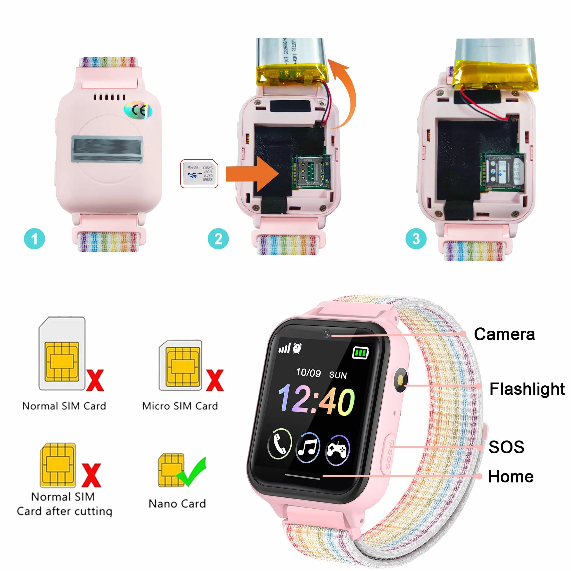 Smartwatch Niños Reloj Inteligente con 10 Juegos Cámara Música SOS Pantalla Táctil Rosa