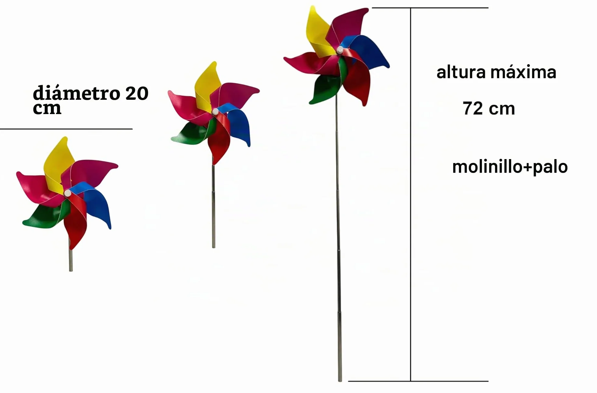 Molinillo de viento generico para jardín, 20 cm de diámetro, extensible hasta 72 cm, metal, colores arcoíris, resistente