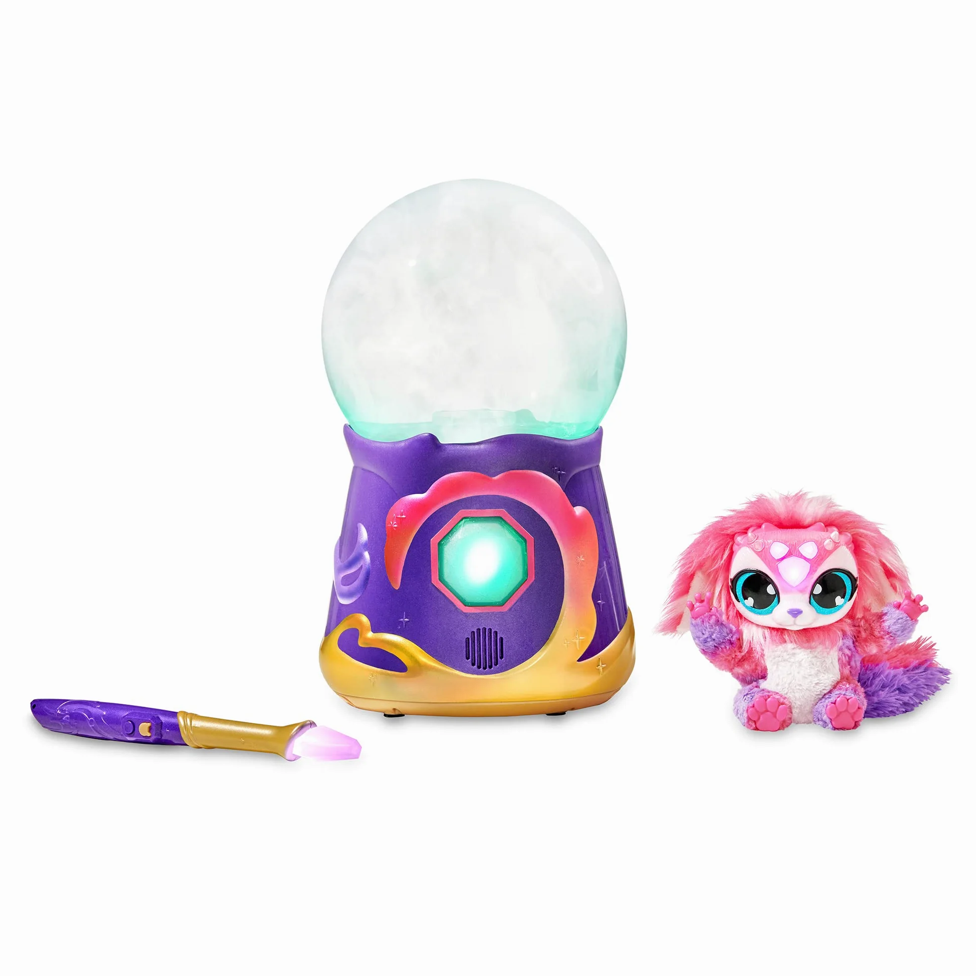 Magic Mixies My Crystal Ball Pink, Juguete Interactivo de Magia, Bola de Cristal mágica con Luces, Efectos y Sonidos, y un muñeco de Peluche Suave para cuidar, con Accesorios, Famosa (MGX05000)