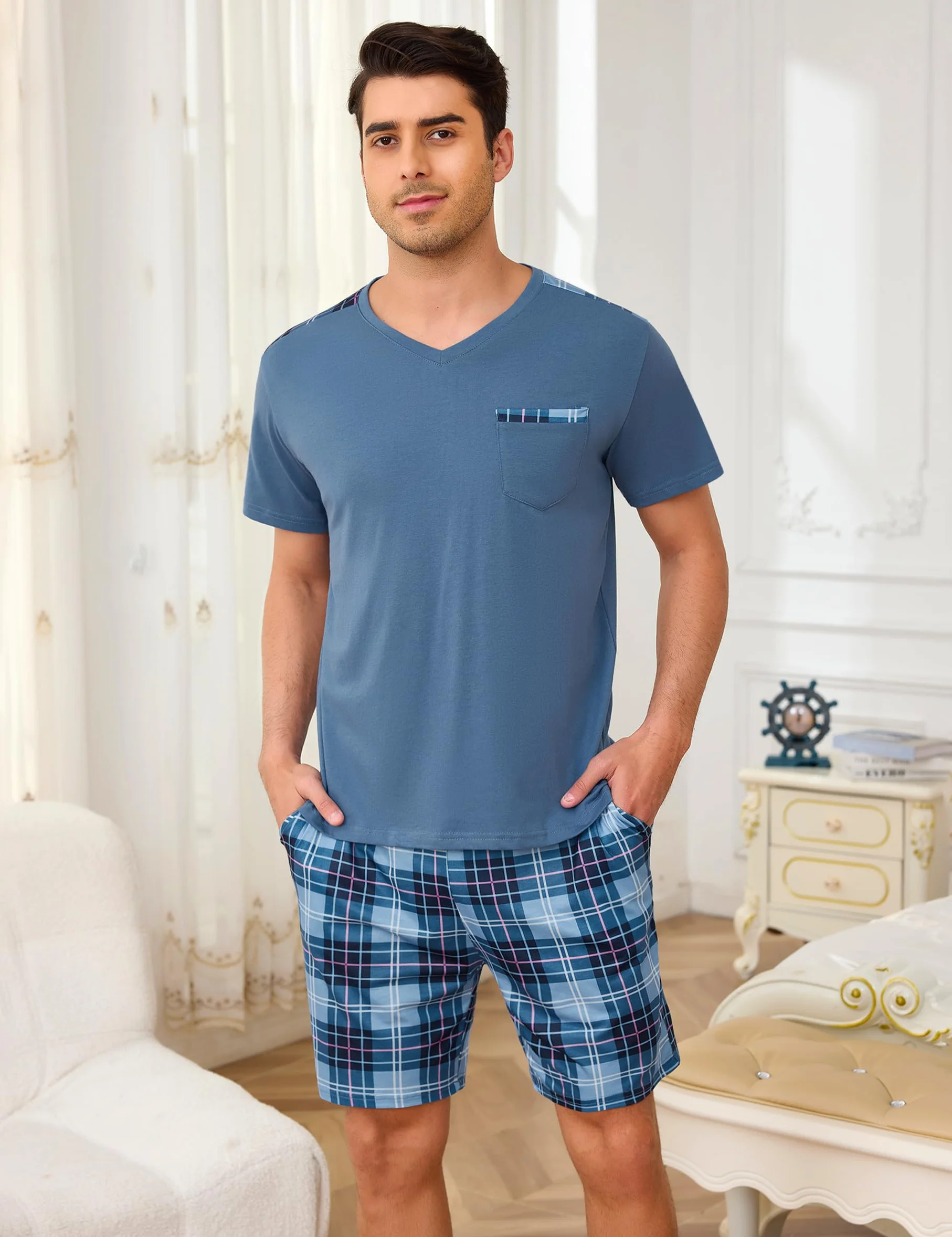 Litherday Pijama Hombre Corto de Algodón Verano Manga Corta 2 Piezas