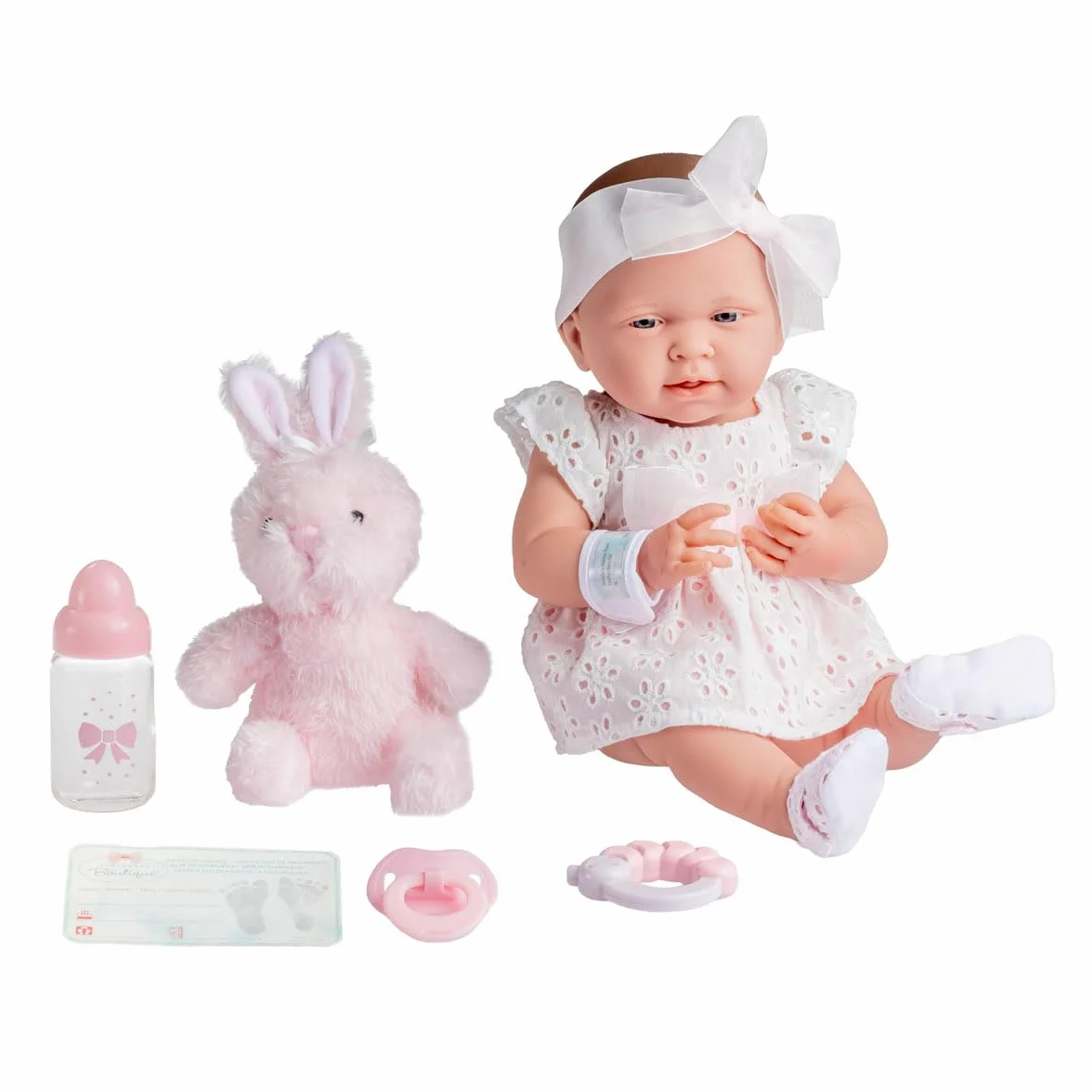 JC TOYS- Muñeca La Newborn recién Nacida de 38 cm es de Vinilo Suave, Ropa de algodón Calado y Accesorios, niña, Rosa, diseñado en España por Berenguer, 2 años