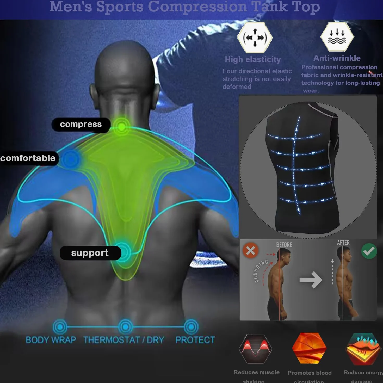 Camiseta de Compresión sin Mangas para Hombre Deportiva Transpirable Secado Rápido para Correr Jogging Fitness