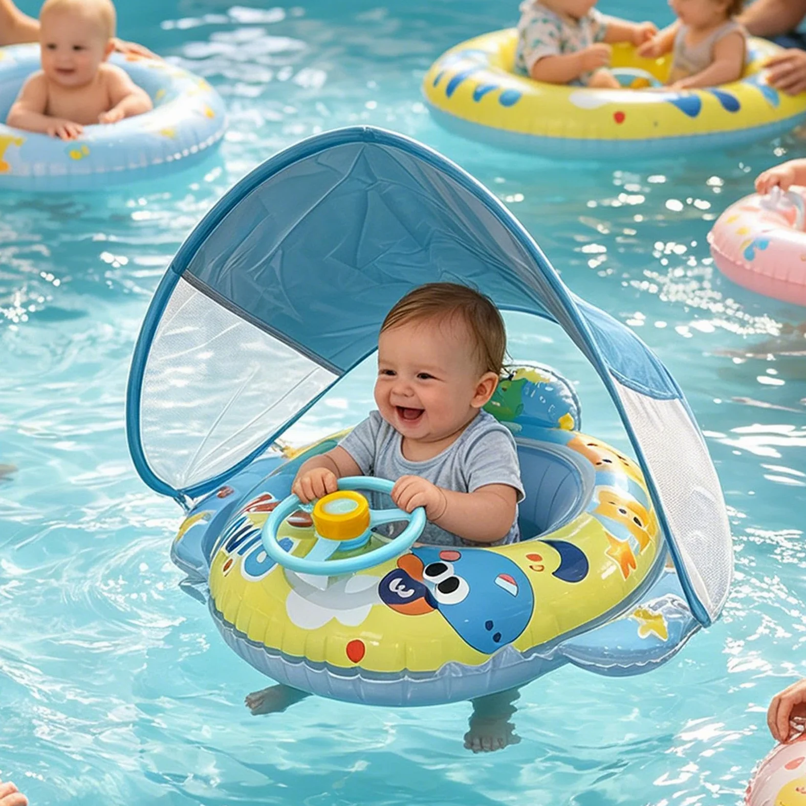 Flotador Infantil de Piscina con toldo Volante de Dinosaurio Inflable | Natación Infantil Verano Para playa vacaciones parque acuático lago río viaje accesorio fotográfico