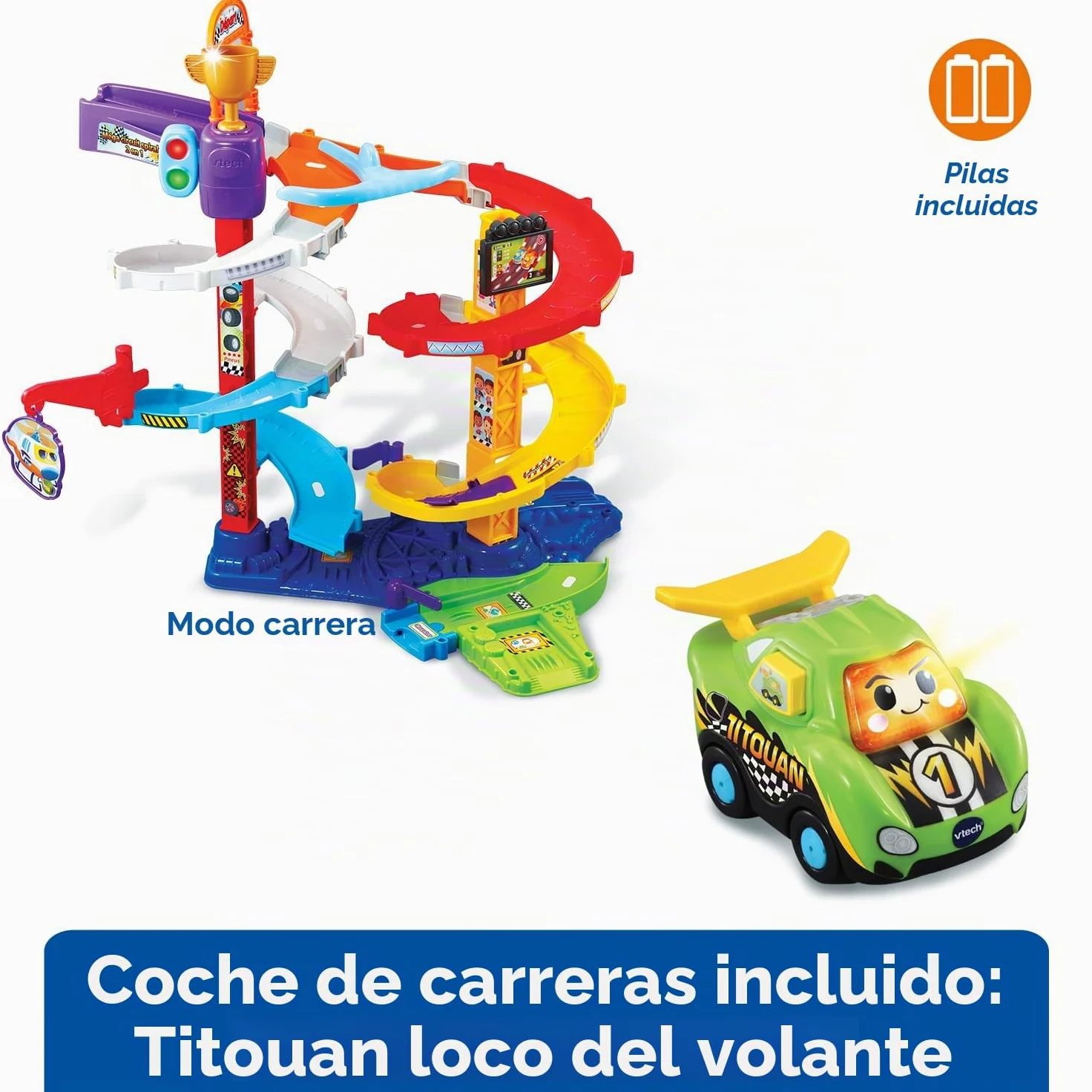 VTech Tut Tut Bolides, Mega Circuito Espirales 2 en 1 con Coche Titouan Loco del Volante, Circuito de Coches Infantiles, 5 Zonas Mágicas, Regalo para Niños y Niñas de 1 año a 5 años - Contenido en