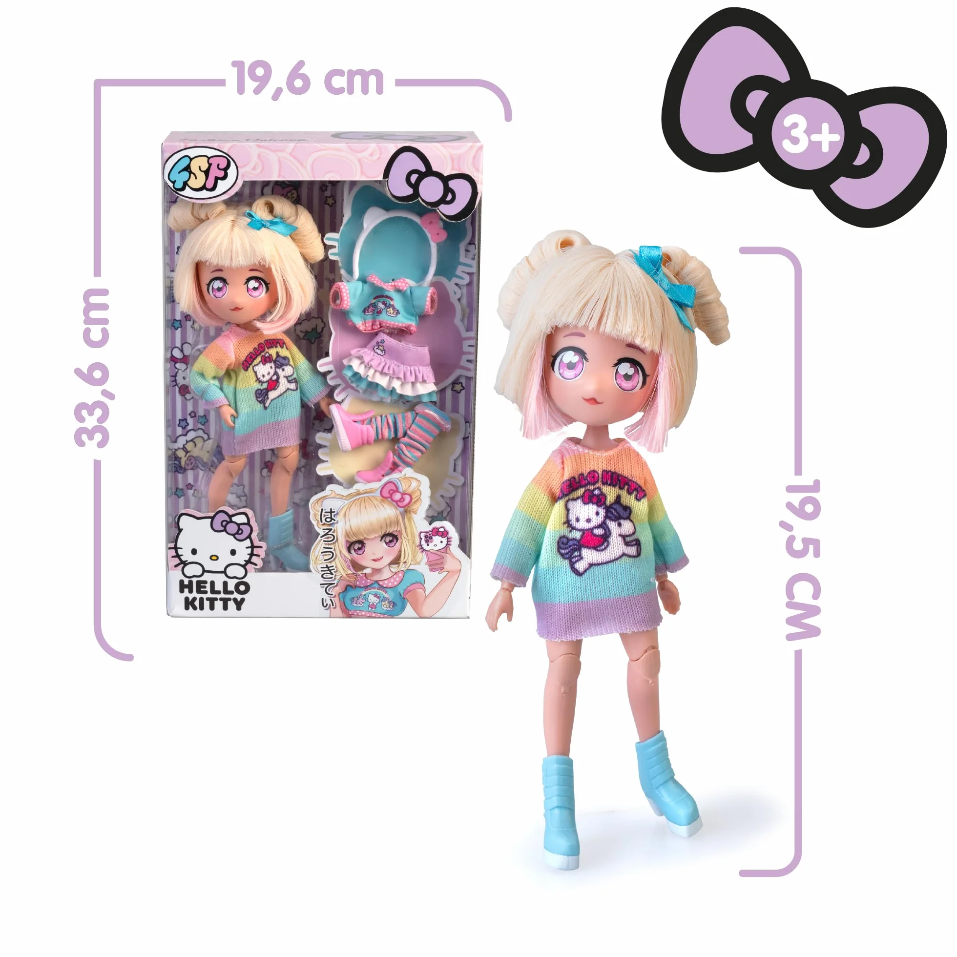 4SF - Hello Kitty Manga Fashion Unicorns, Muñeca Fashion Japonesa, Figura de 19,5 cm con 15 Puntos de Articulación, Incluye Falda Ra-Ra, Calentadores y Diadema con Orejas, Famosa (HKTF2000)