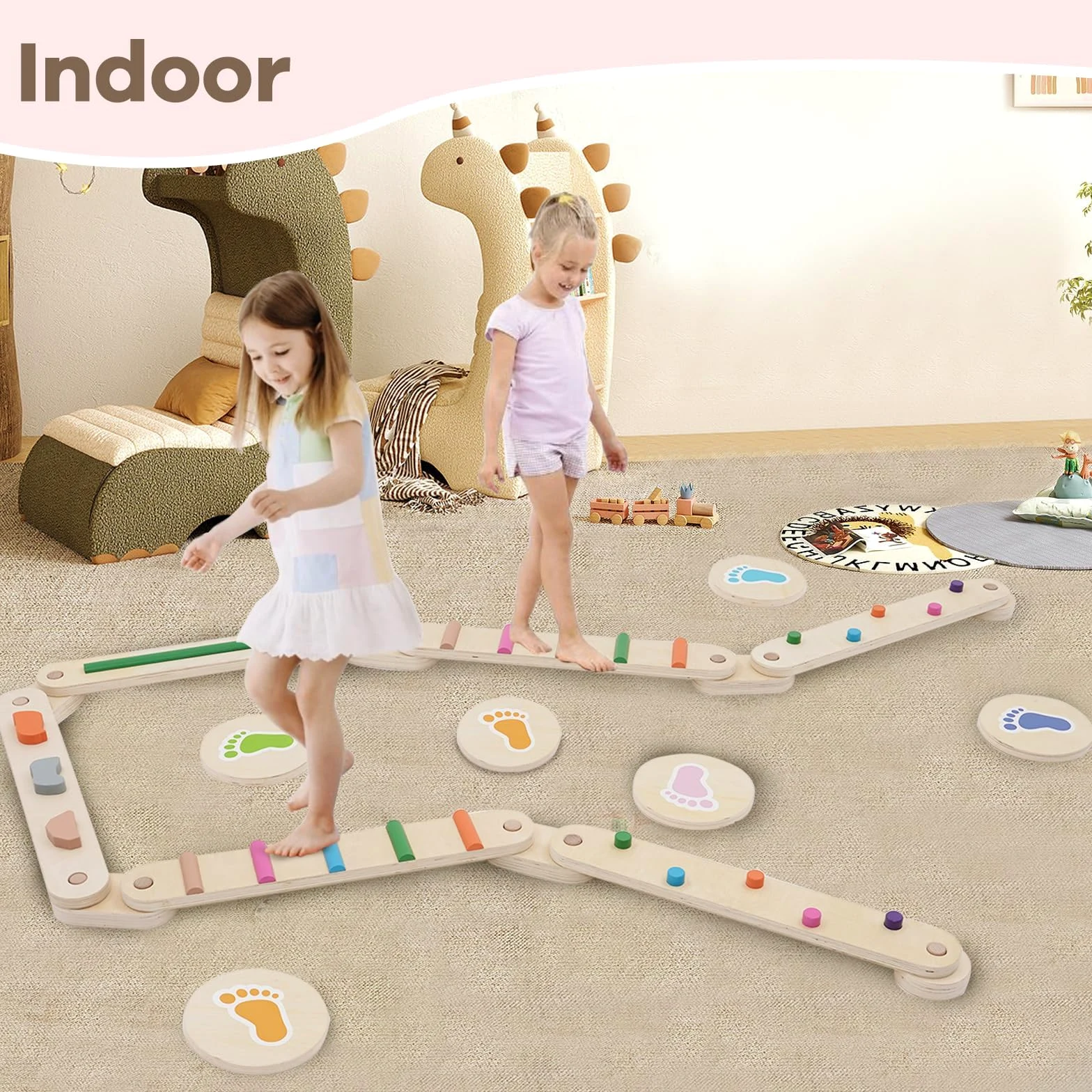 Juego de vigas de equilibrio de madera para niños de 3 a 6 años, 6 piezas de barras de equilibrio Montessori con piedras escalonadas, equipo de entrenamiento para interiores y exteriores