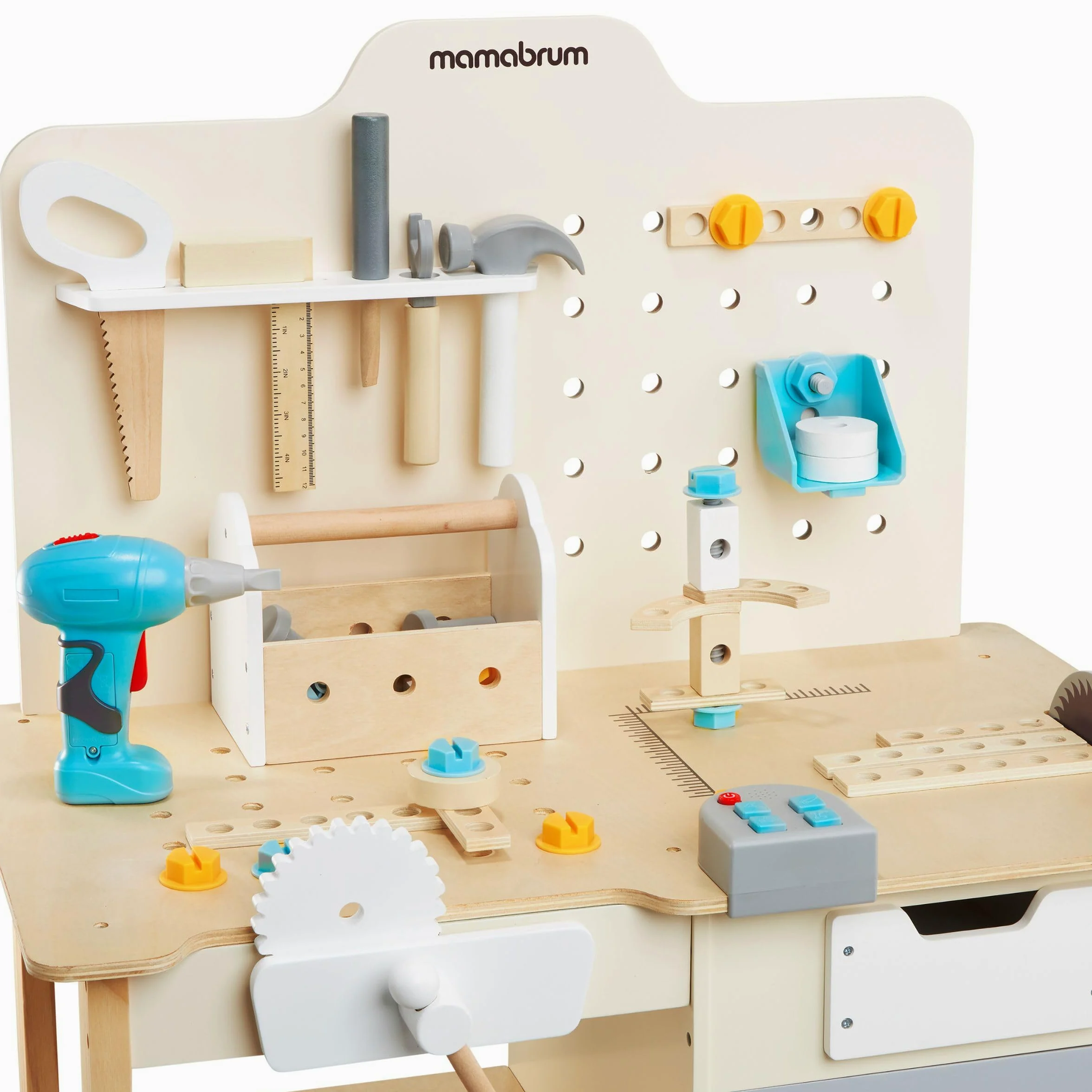 mamabrum Banco Trabajo Madera para Niños - Mesa Herramientas XXL con 74 Piezas, Taladro Eléctrico y Sierra Circular - Altura Ajustable 97-103cm - A Partir de 2 Años
