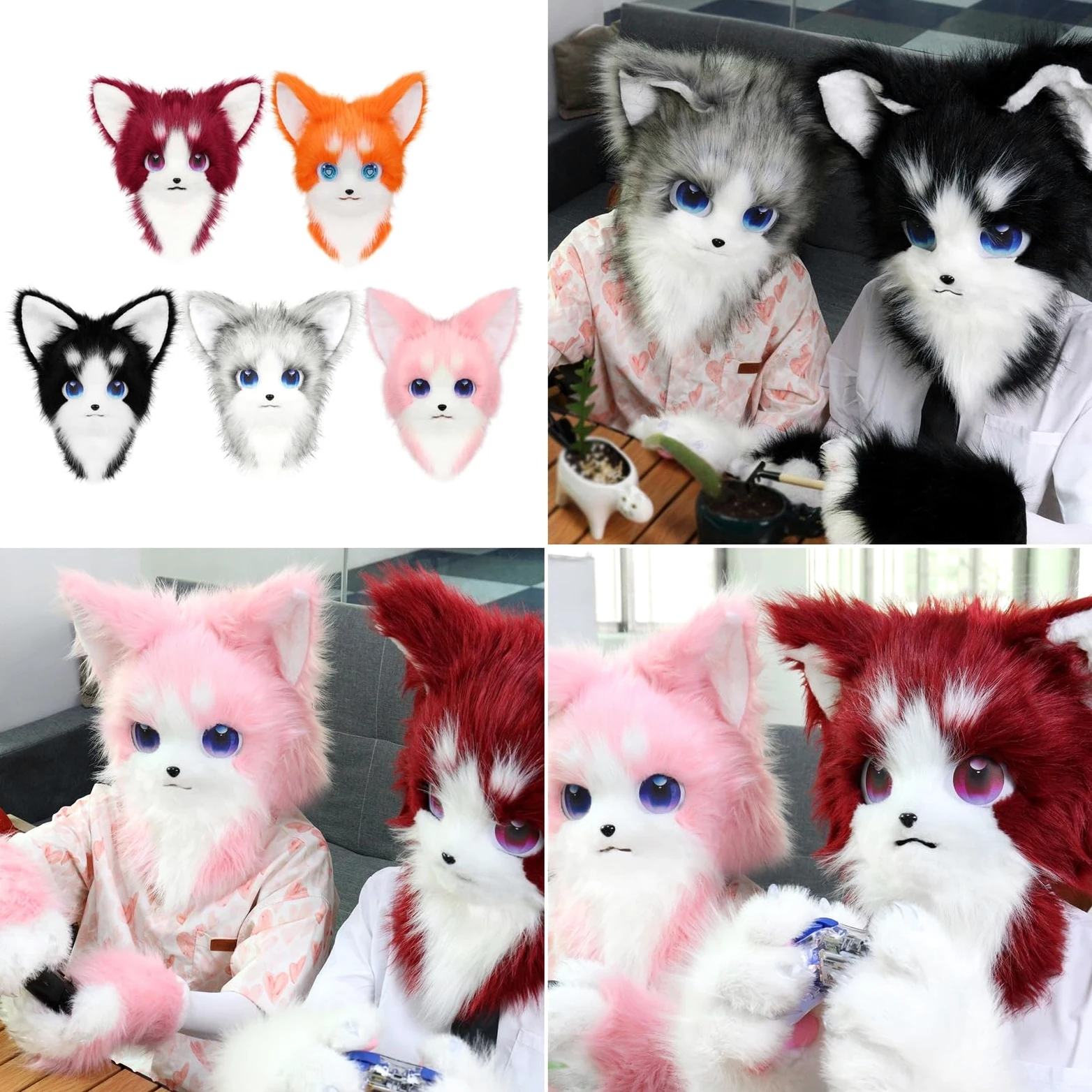 [Qsvbeeqj] Kigurumi peludo con cabeza de animal de piel sintética sombrero de zorro de gato de peluche para fiesta de Halloween accesorios de disfraz de disfraces de disfraces de Halloween