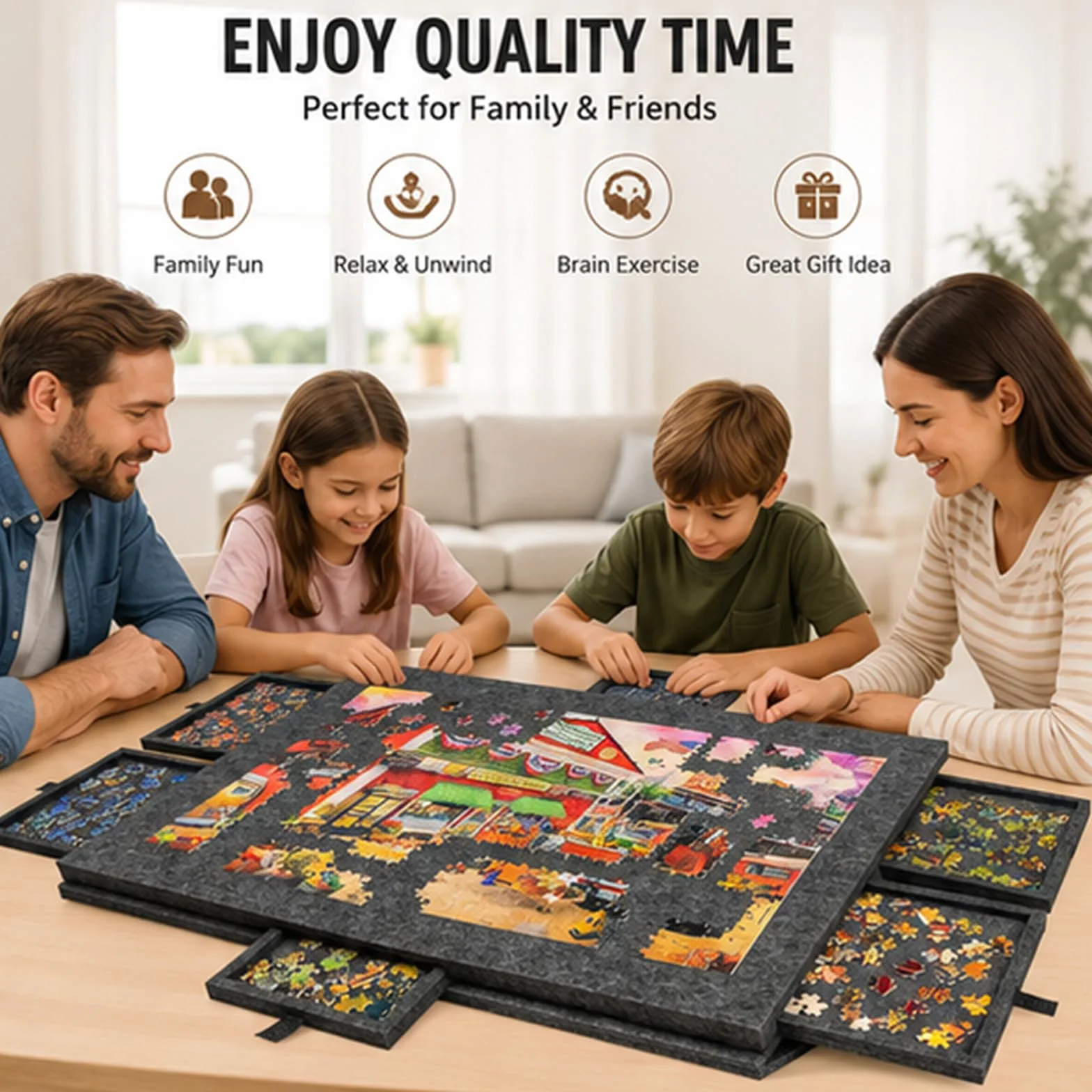 Tablero de rompecabezas, soporte plegable ajustable, tapete portátil con cubierta y 6 cajones, tablero de rompecabezas con 4 bandejas de clasificación plegables para hasta 1000 piezas (gris oscuro)