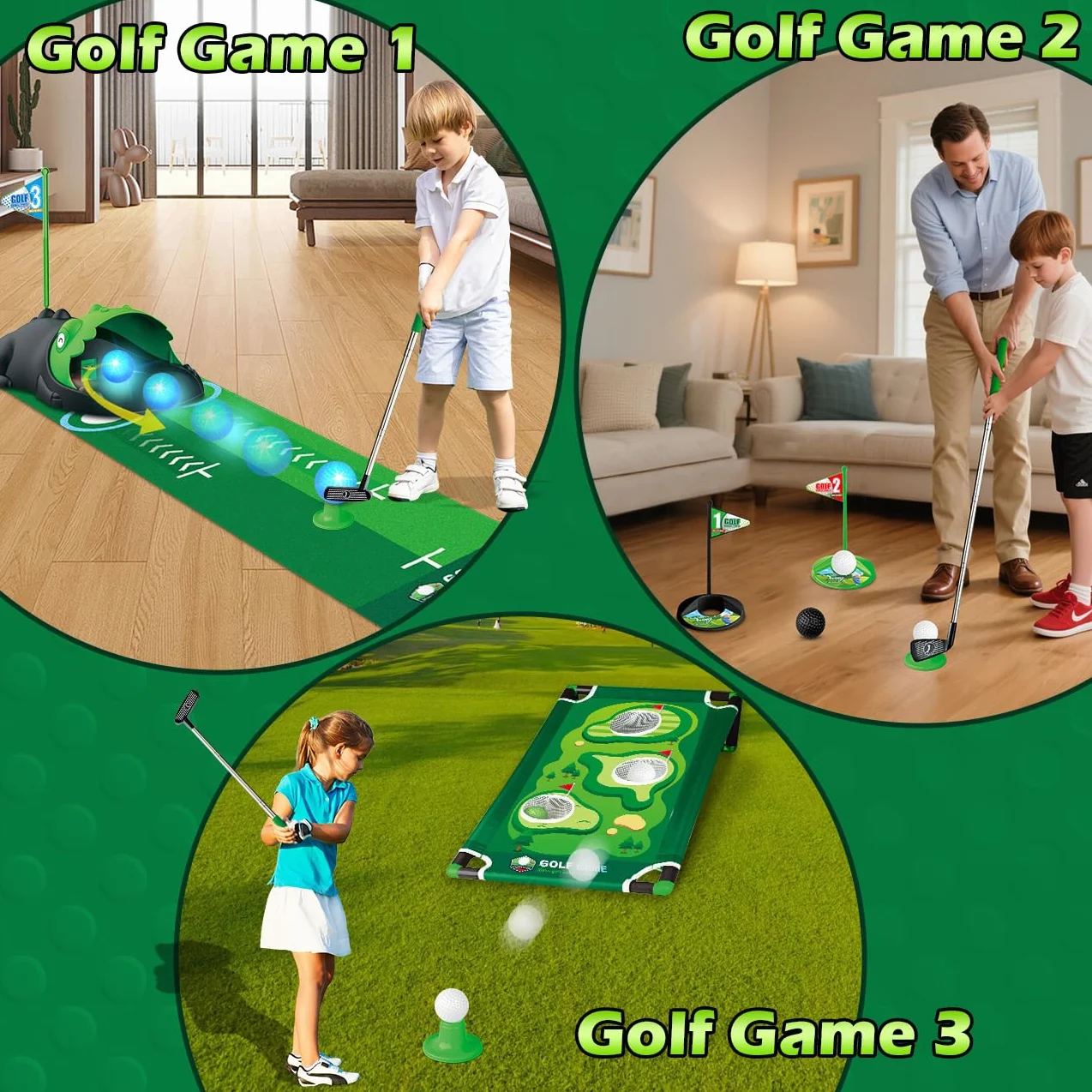 TERRAMUS Set de Golf 3 en 1 para Niños con Devolvedor de Golf Automático de Dinosaurio, Tablero de Cornhole de Golf, Pelotas Iluminadas con LED, Tapete de Putting,Juguetes,Juegos de Mini Golf Pequeños