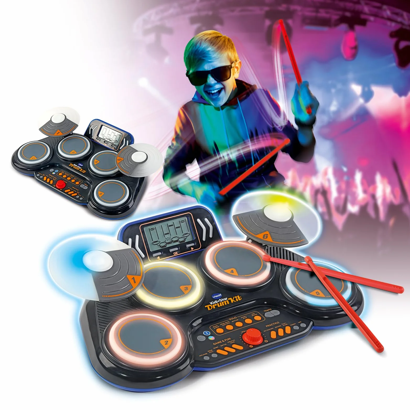 VTech - Kidi DJ Drums, Batería electrónica para niños 10 en 1 con Pads iluminados, platillos, Baquetas, Bluetooth, Aprendizaje y Juegos, Regalo niños +6 años, Versión en Español