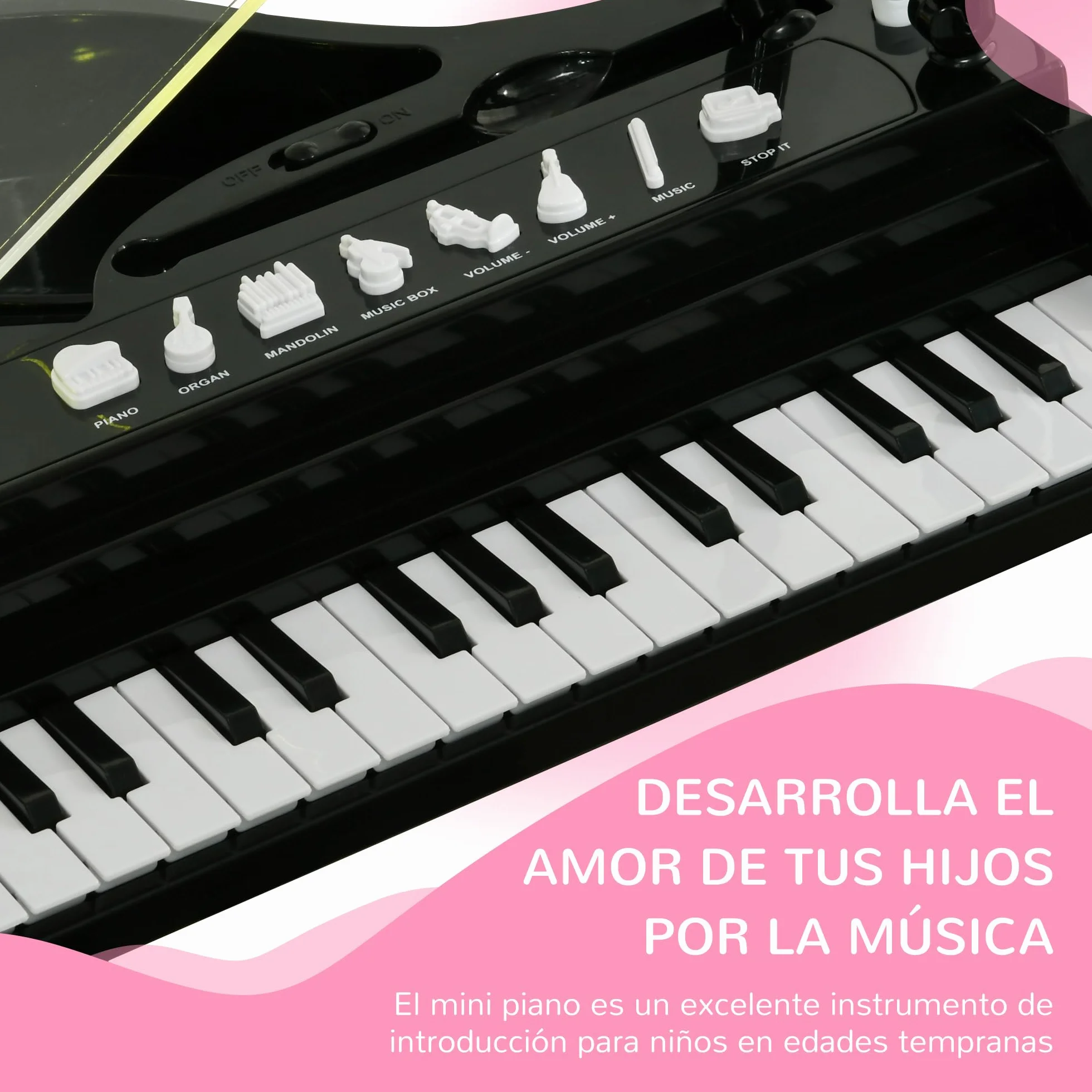 AIYAPLAY Piano Electrónico Infantil de 32 Teclas Juego de Piano con Micrófono Taburete Luces 22 Canciones 4 Sonidos Patas Desmontables y Volumen Ajustable 37x30,5x60,4 cm Negro