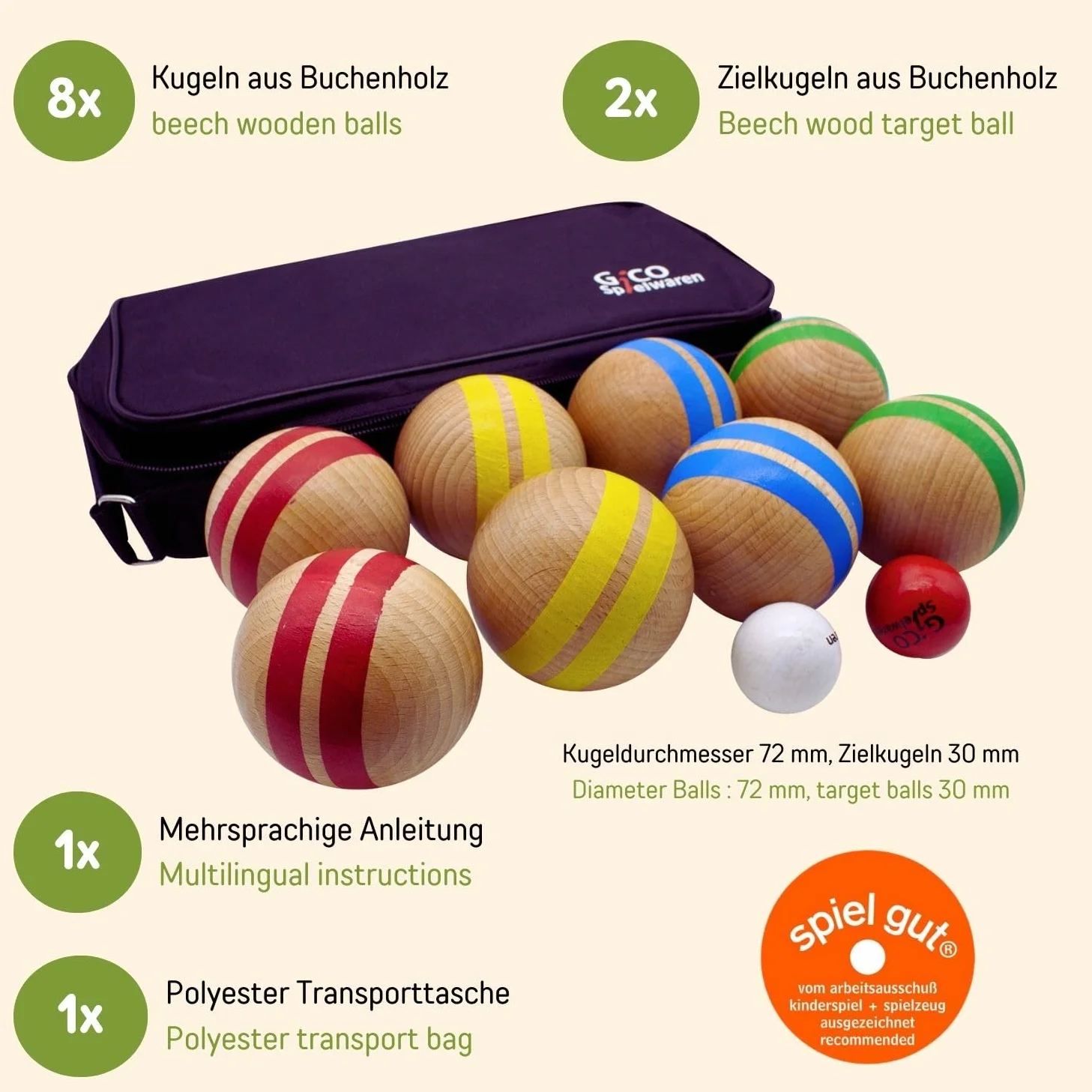GICO Juego de petanca de madera maciza, a rayas con 8 bolas, diámetro 7 cm. Fabricado en la UE, juego de premios - 3021