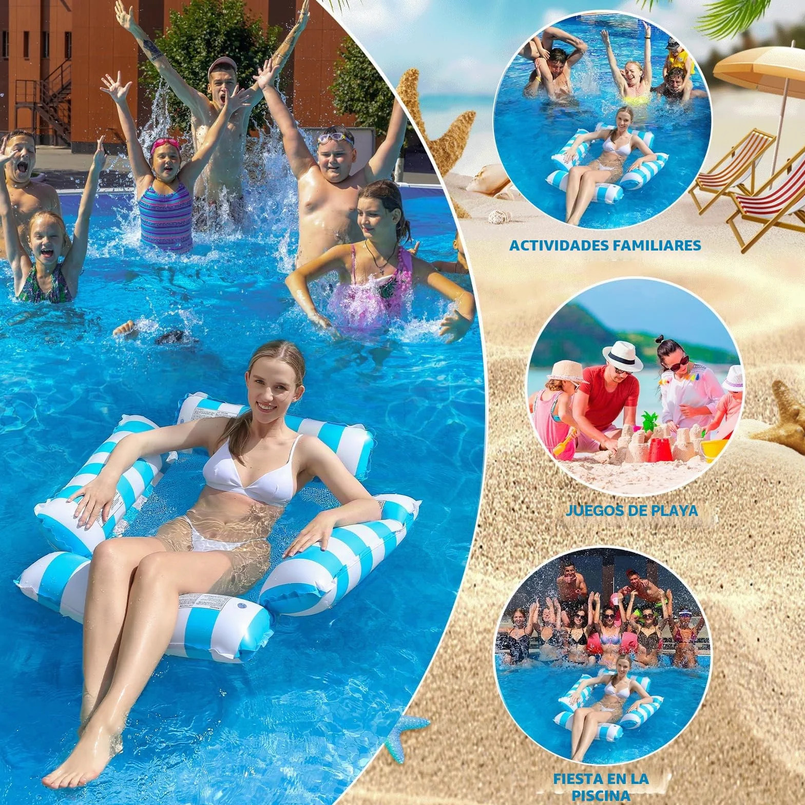 Hamaca Hinchable Piscina 4 en 1 para Adultos, Flotador Piscina con Red, Colchoneta Hinchable Playa y Piscina, Silla Flotante para Relax, Fácil de Inflar, Ideal para Verano y Vacaciones