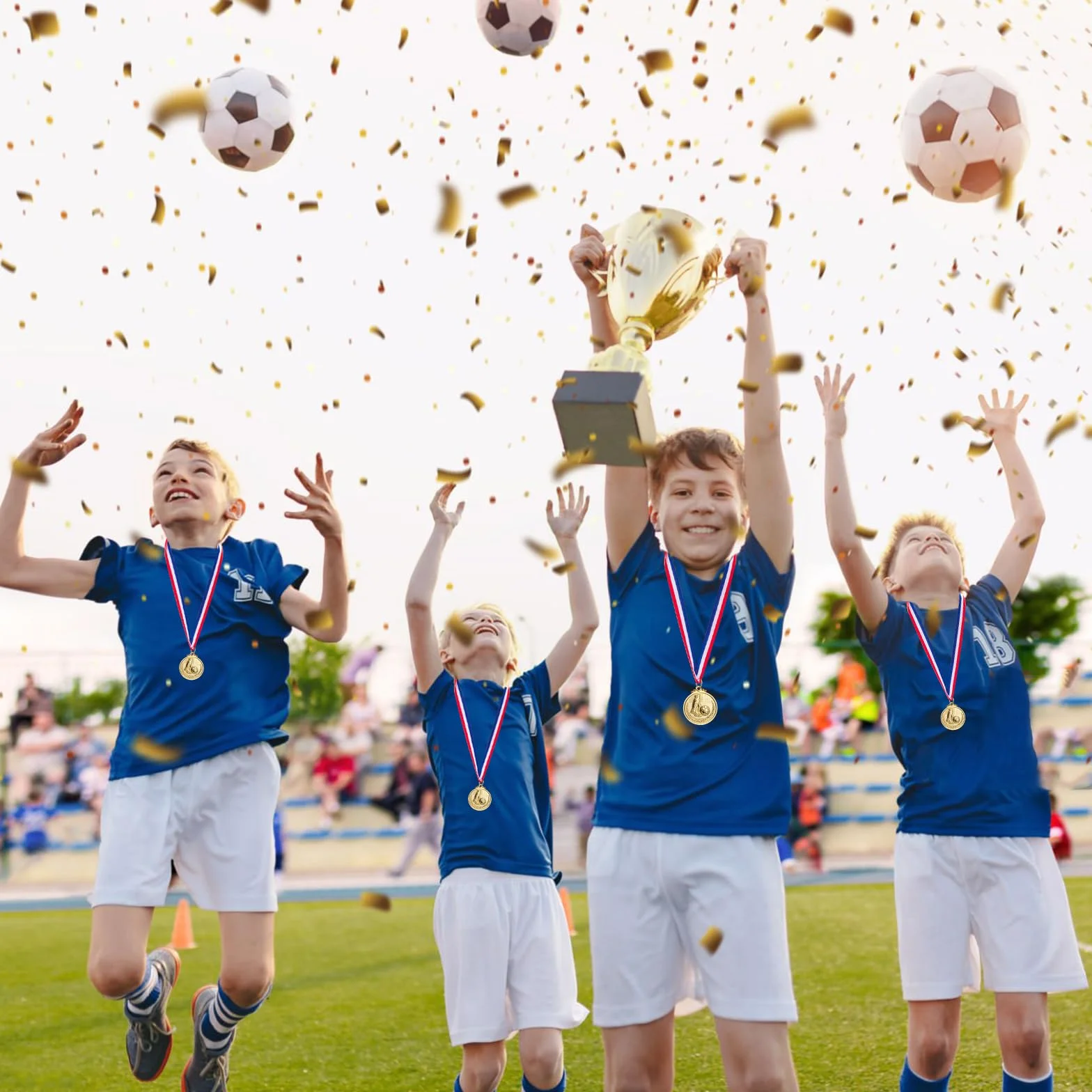 GeeRic 12 Piezas Medallas Niños Metal Futbol con Cintas Dorado Estilo Olímpico