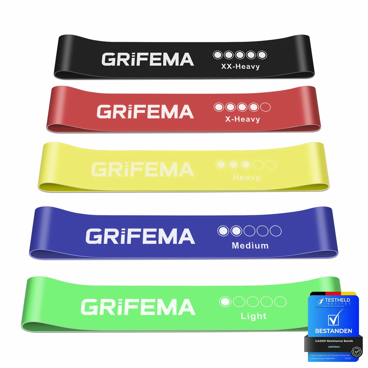 GRIFEMA GA5001 Gomas Elásticas Musculación, 5 Niveles de Resistencia, para Yoga, Entrenamientos de Fuerza y Pilates