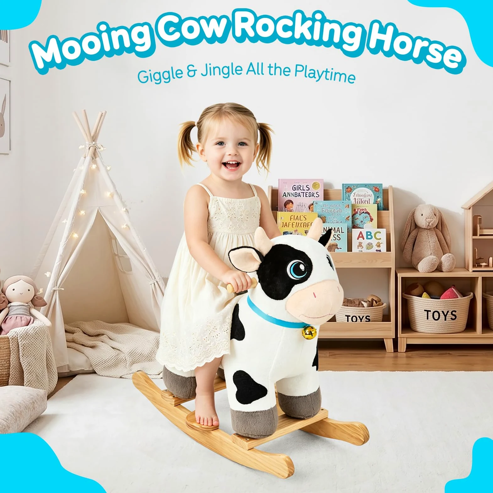 FUNLIO Caballo balancín Vaca para 1-3 años, Adorable para bebé con Cabeza Suave, Ojos Brillantes y Campana Sonora, Modelo de Peluche fácil de Montar, Certificado CPC
