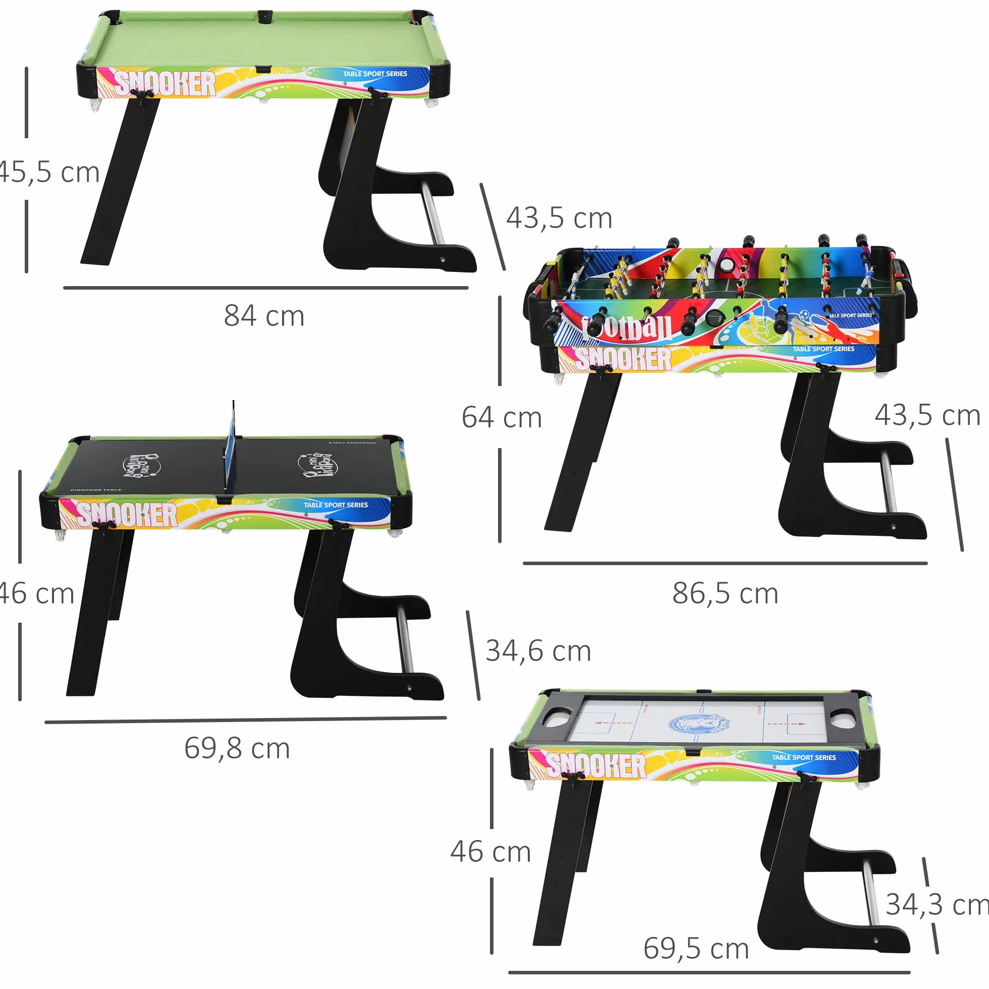 HOMCOM Mesa Multi Juegos Plegable 4 en 1 con Futbolín, Hockey, Billar y Ping-Pong, Mesa de Juegos de Sobremesa con Accesorios Incluidos, Diversión en Casa, 86,5x43,5x64 cm
