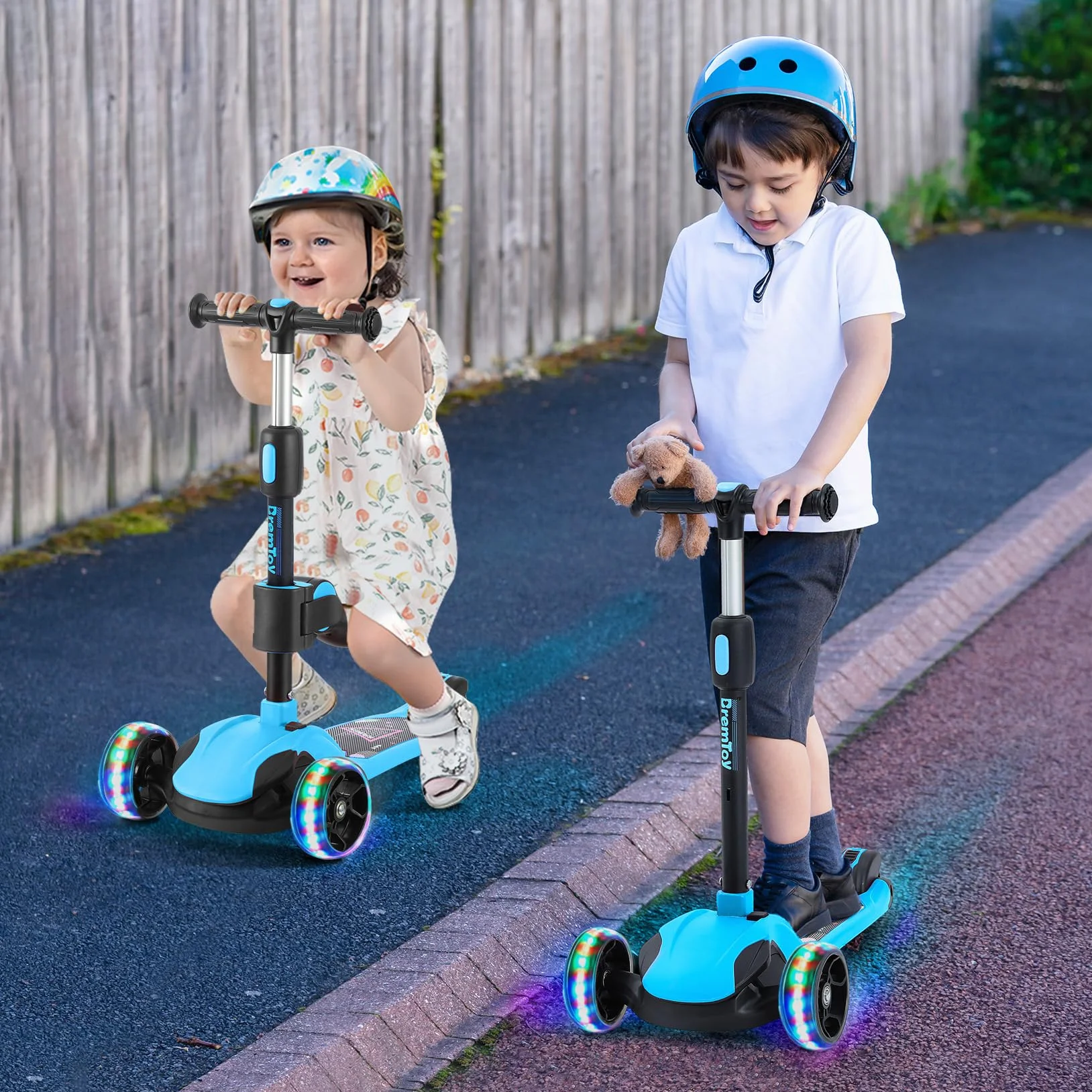 BremToy Patinete para Niños de 1 a 12 Años, Ajuste de Altura Infinito, Patinete con Asiento Extraíble, 3 Ruedas Brillantes LED, Carga Máxima 50KG, Regalos para Niños