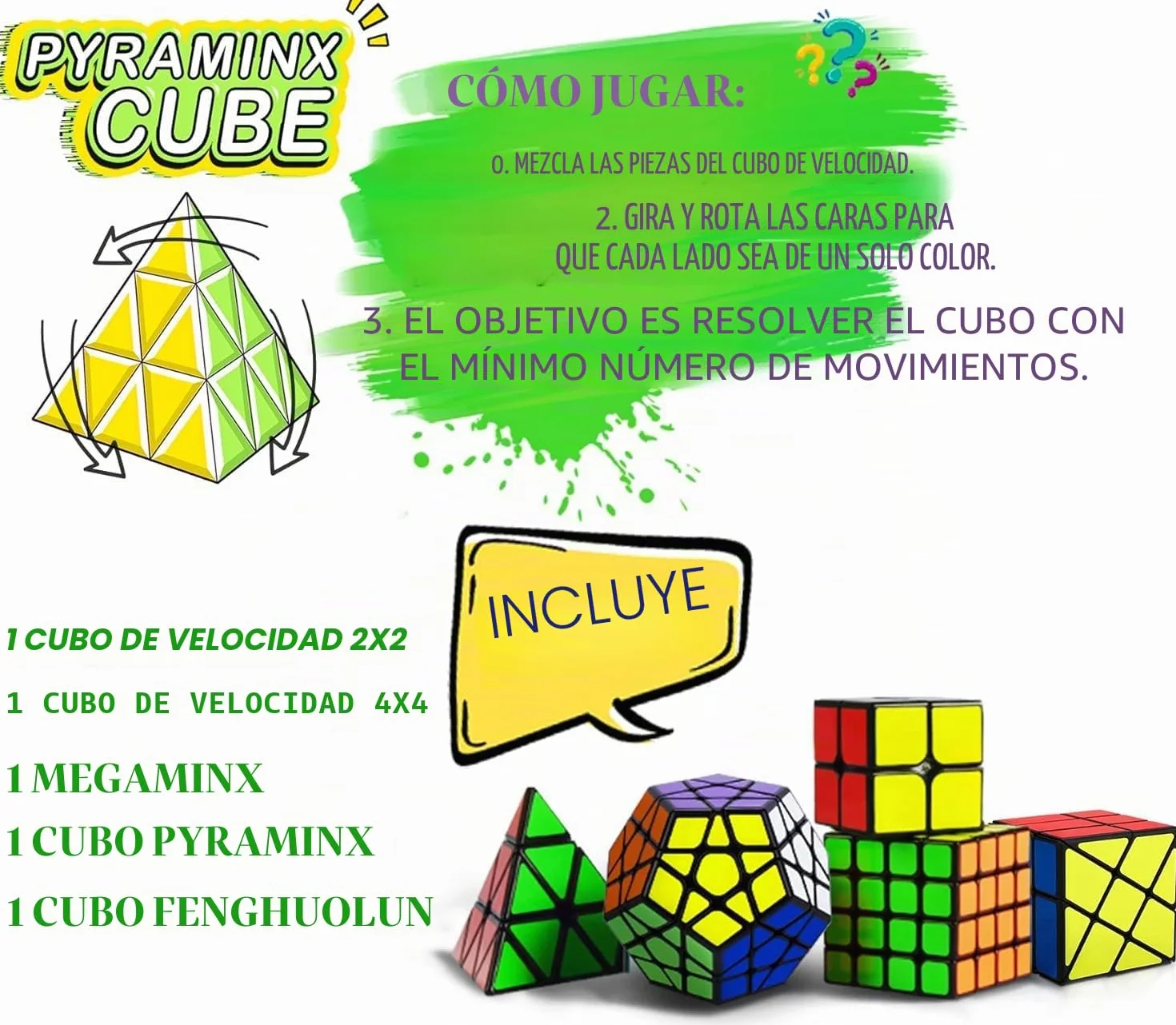 Coolzon Cubo Magico Set, Magic Cube Set de 5 Cubos Mágicos, Juego de Cubos Mágicos de Velocidad 2x2 4x4 Fenghuolun Pyraminx Pyramid Megaminx Fenghuolun Puzzle Cube Toy Presente para Niños Adultos