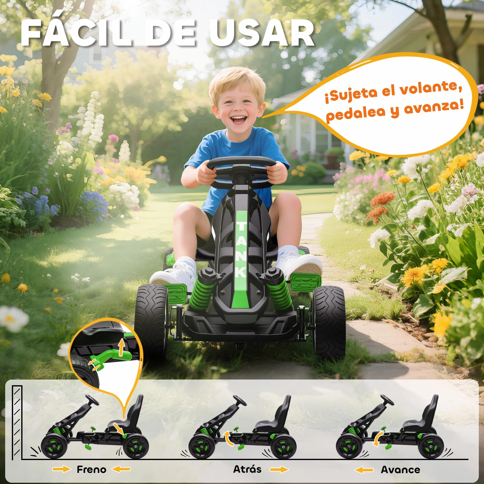 AIYAPLAY Kart Pedales para Niños de +3 Años Go Kart con Embrague Automático Freno Ruedas Antideslizantes de EVA y Marco Metálico Carga 50 kg Verde