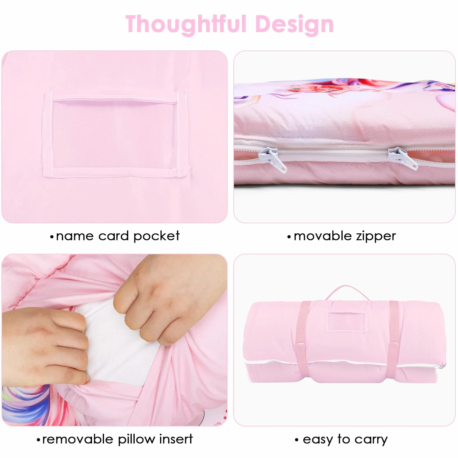 Tamaño Grande Saco de Dormir Infantil con Almohada Extraíble 170×75cm, Cálida Plegable Alfombrilla de Siesta para Niños y Niñas, Bolsa de Dormir con Cremallera para Camping Siesta