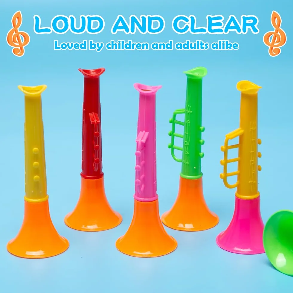 25 Piezas Mini Trompeta de Juguete Trompeta para Niños Pequeña Plastico Portátil Juguete Bocina Hacer Ruido Trompetas Instrumento Musical para Niños, Colorido, 10*3.8 cm