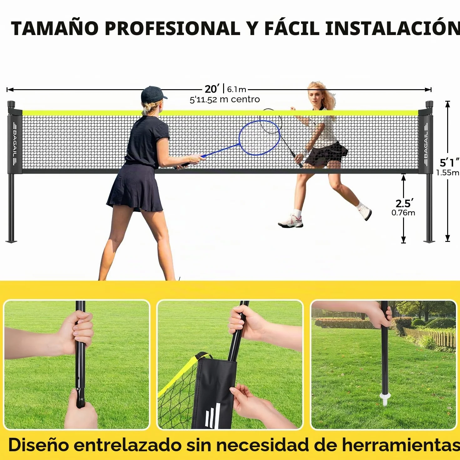 BAGAIL Juego de Bádminton Exterior 20 pies x 5 pies Oficial 4 Raquetas 3 Pelotas Red PE Duradera Bolsa Transporte