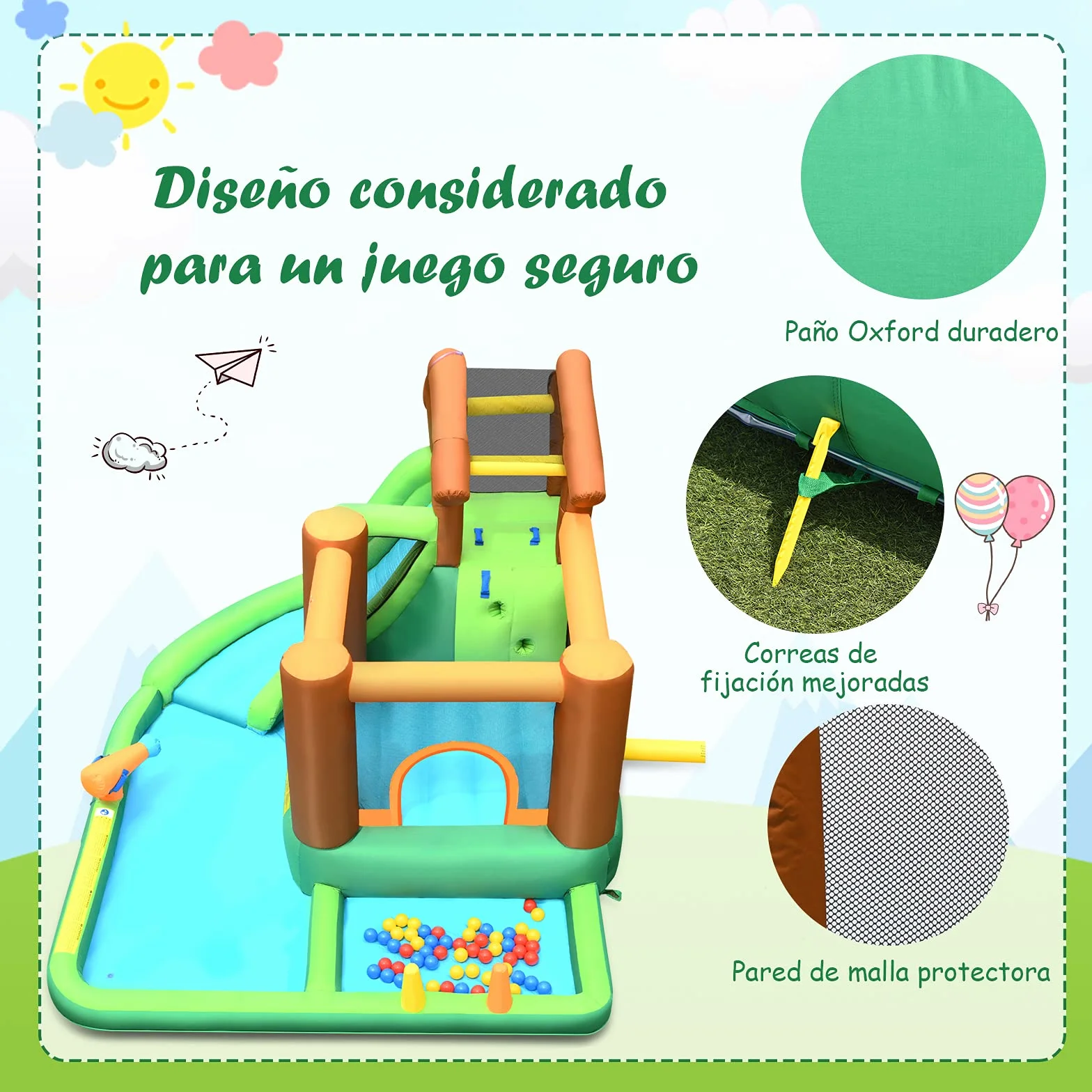COSTWAY Parque Acuático Inflable con Tobogán, Tobogán Inflable en Tejido Oxford con Piscina Pared para Escalar Hidrante de Agua Casita Piscina con Pelotas, con Compresor