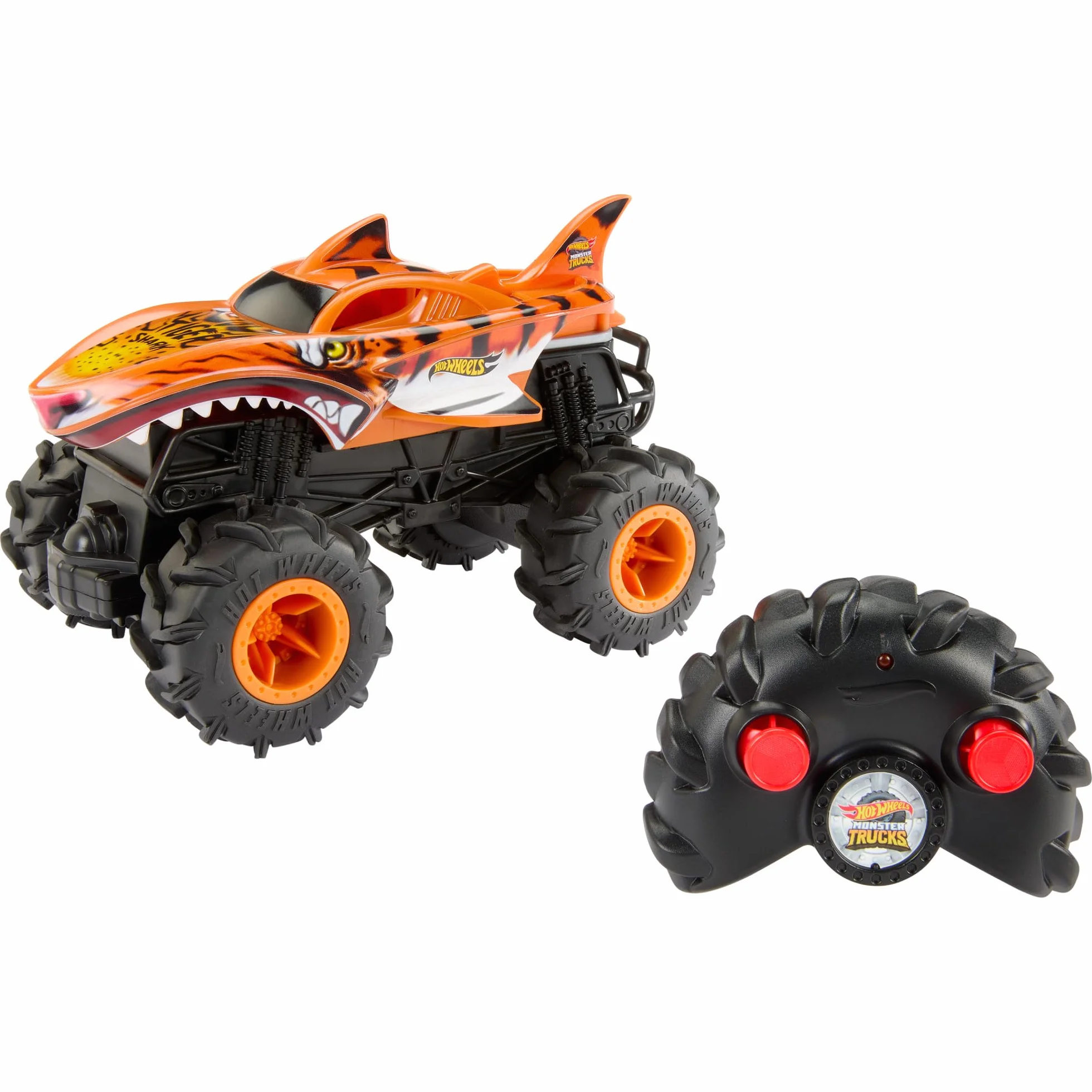 Hot Wheels Monster Trucks Coche Teledirigido, HW Tiger Shark RC, Coche de juguete todoterreno con mando radio control con alcance de 30 metros, escala 1:24, regalo para niños y niñas +4 años, HNV03