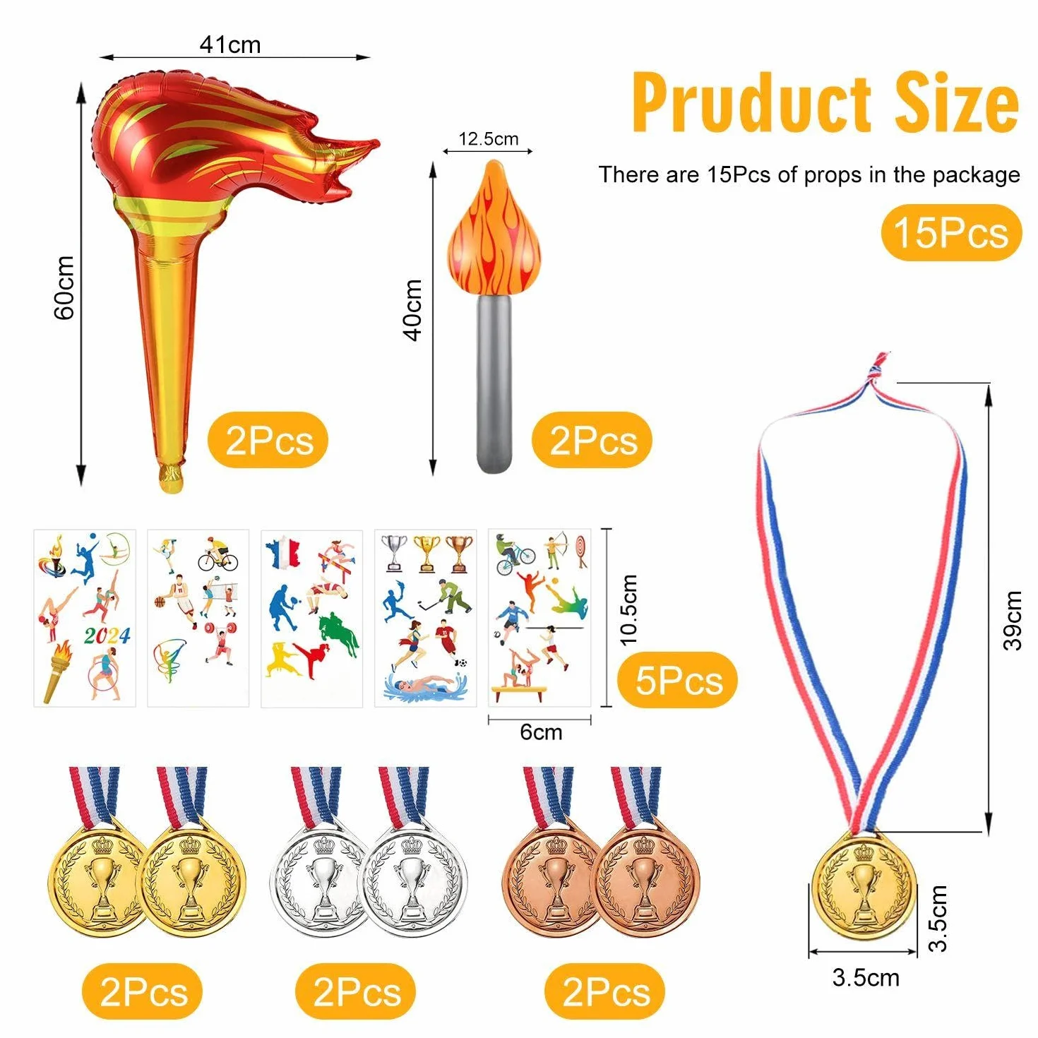 Medallas de Campeonato con Antorchas y Pegatinas Deportivas - Decoraciones para Juegos Deportivos