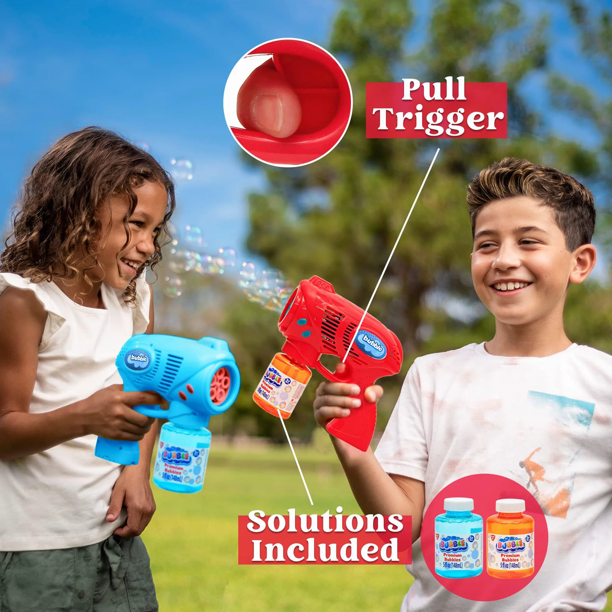 2 Pistolas de Burbujas para Niños con 2 x 148ml Solución de Recarga de Burbujas, Juguete de Verano, Actividad al Aire Libre, Pascua, Regalo de cumpleaños, Regalos de Fiesta