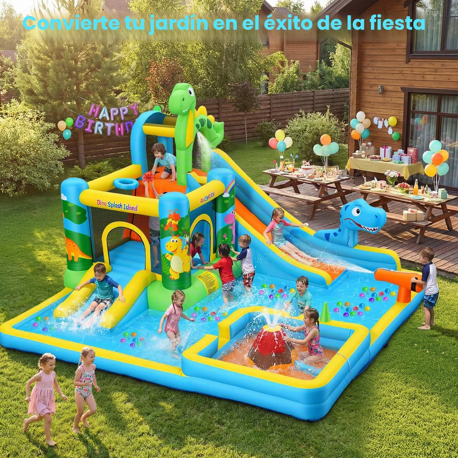 Tobogán acuático Inflable Castillo Hinchable con soplador para niños de 3 años + años, tobogán seco/acuático, Dinosaurios con 2 toboganes, Piscina Infantil y Piscina, Canasta de Baloncesto, cañón de