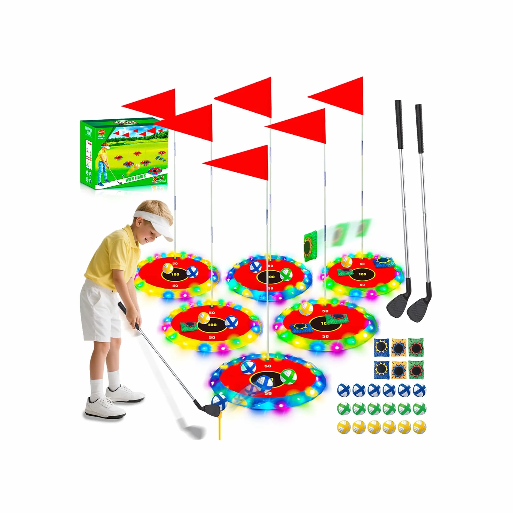 VATOS Juego de golf 2 en 1 con luz para niños - Juego de golf de astillado y lanzamiento de bolsa de puf con 6 objetivos LED, 2 palos, 18 bolas, juego de golf nocturno para fiesta en interiores al