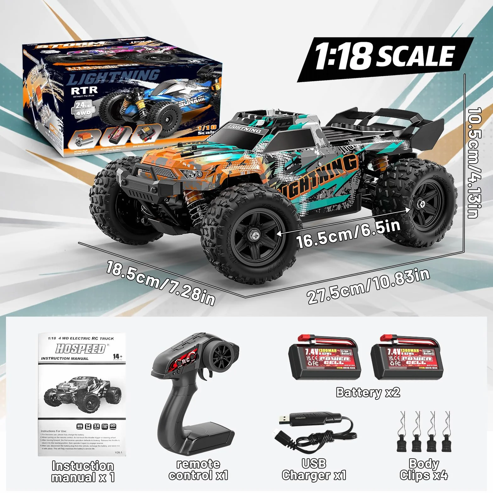 Coche Teledirigido 1:18 4WD 40 km/h Todoterreno 4x4, Coche Radiocontrol con 2 Baterías 7.4V 1300mAh, ESC Impermeable 2.4GHz, Doble Carrocería, Transmisión Metálica para Niños y Adultos