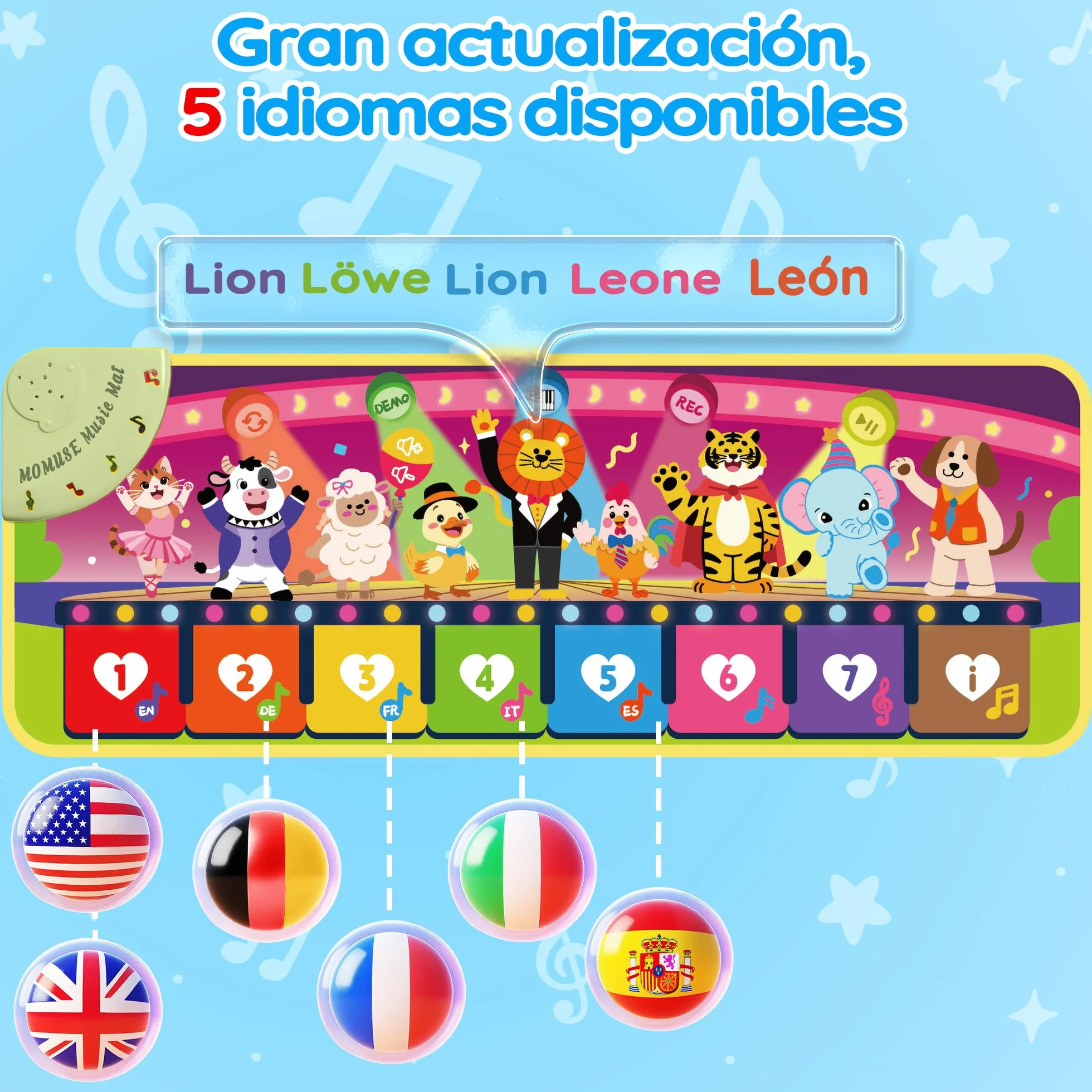 MOMUSE Alfombra Musical 5 Idiomas (ES/DE/FR/IT/EN), Juguetes Niños 1 Año, Piano Infantil Multilingüe con 9 Animales, Portátil, Ligero, Regalo Na-vidad/Cumpleaños para Bebe Niñas Niños 1 2 3 4 Años